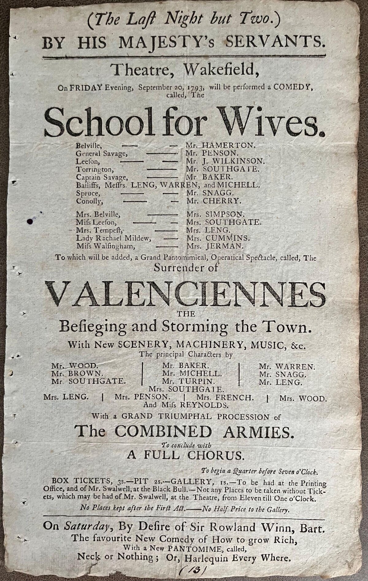 1793 Wakefield Theatre Playbill