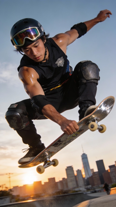 Skateboarder Mid-Air Trick At Sunset