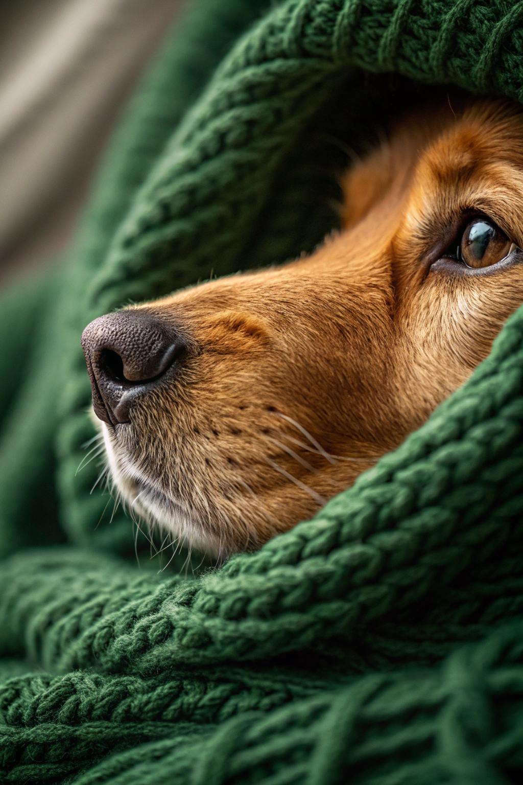 Golden Retriever Wrapped in Green Blanket
