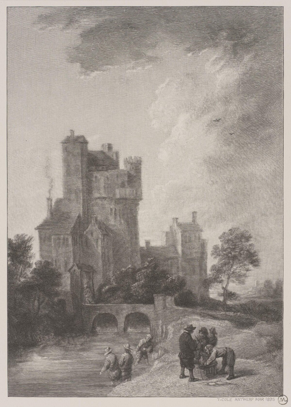 Riverside Castle Landscape Etching