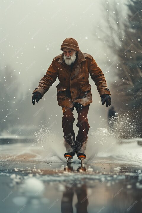Elderly Man Ice Skating in Snowfall