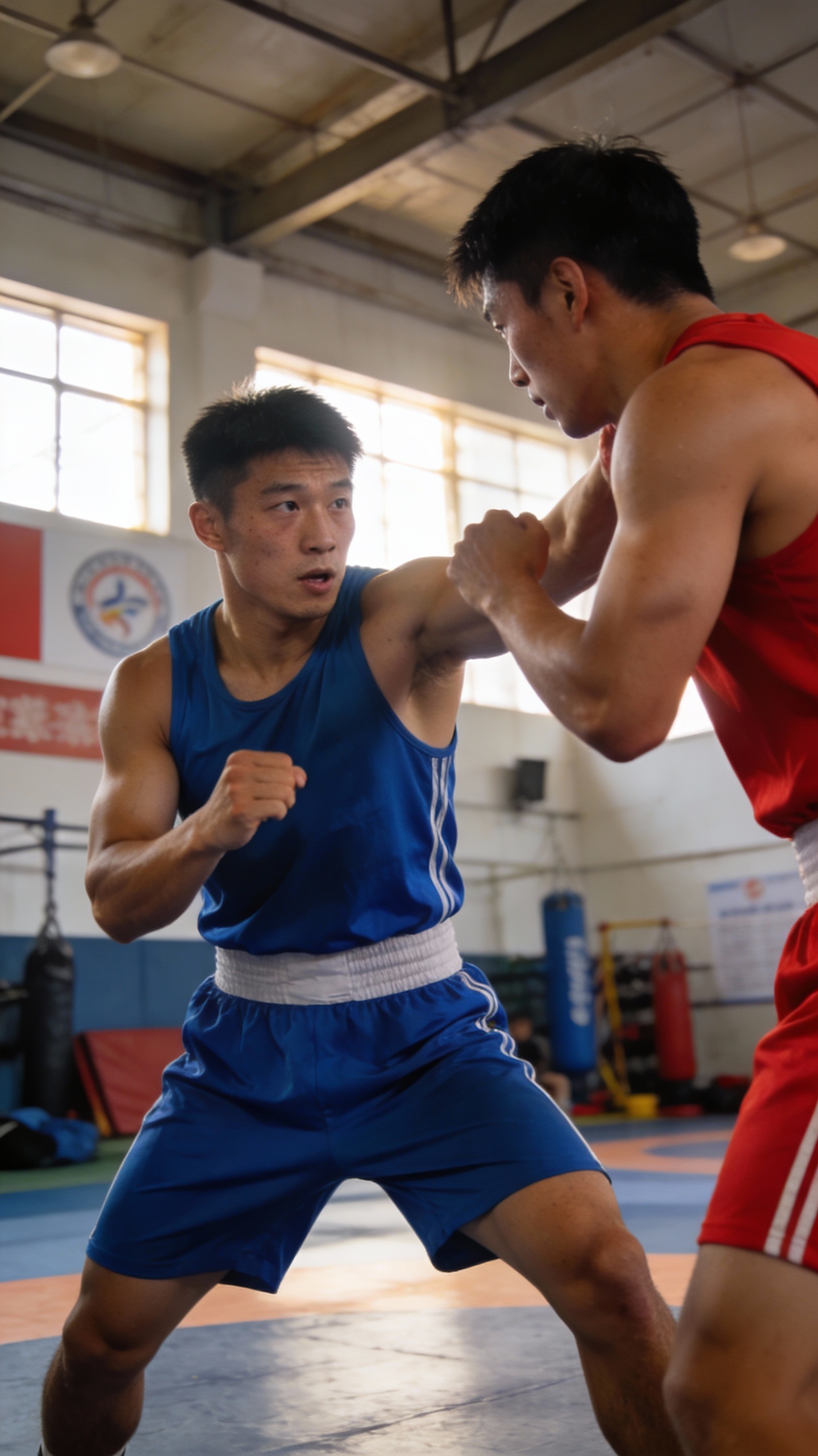 Two Athletes Sparring In Gym