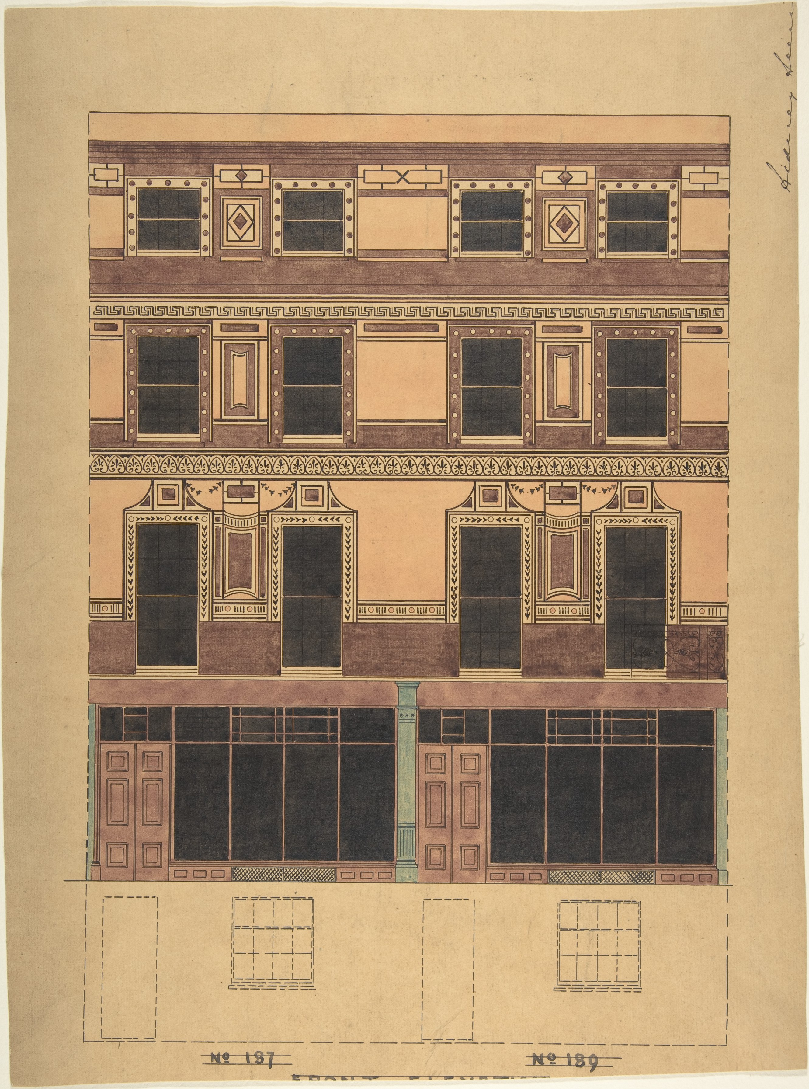 Vintage Commercial Building Facade Drawing