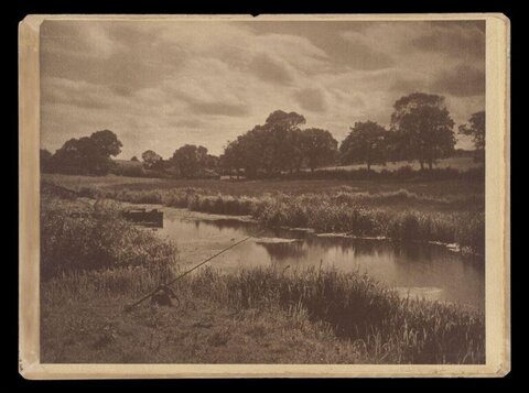 Vintage Rural River Fishing Scene