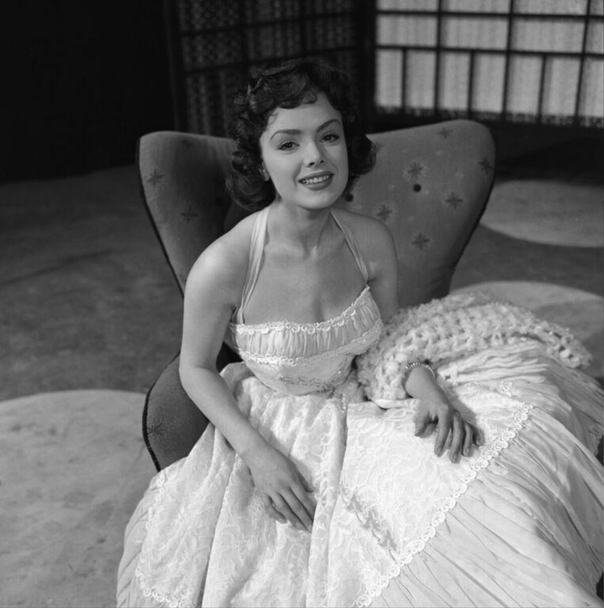 Smiling Woman in Vintage Lace Gown