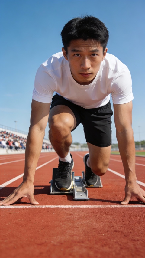 Sprinter in Starting Position on Running Track