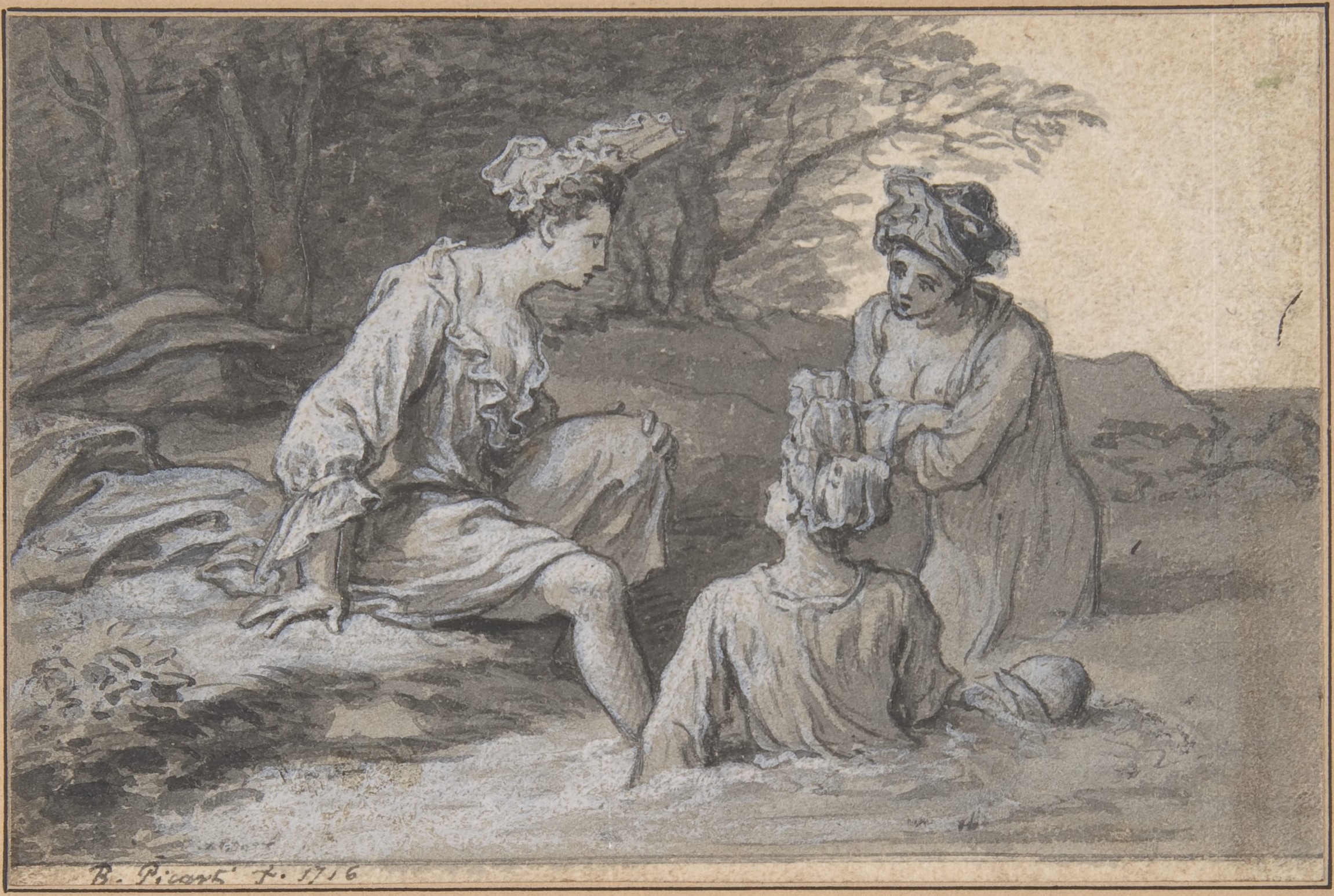 Three Women Bathing in Woodland