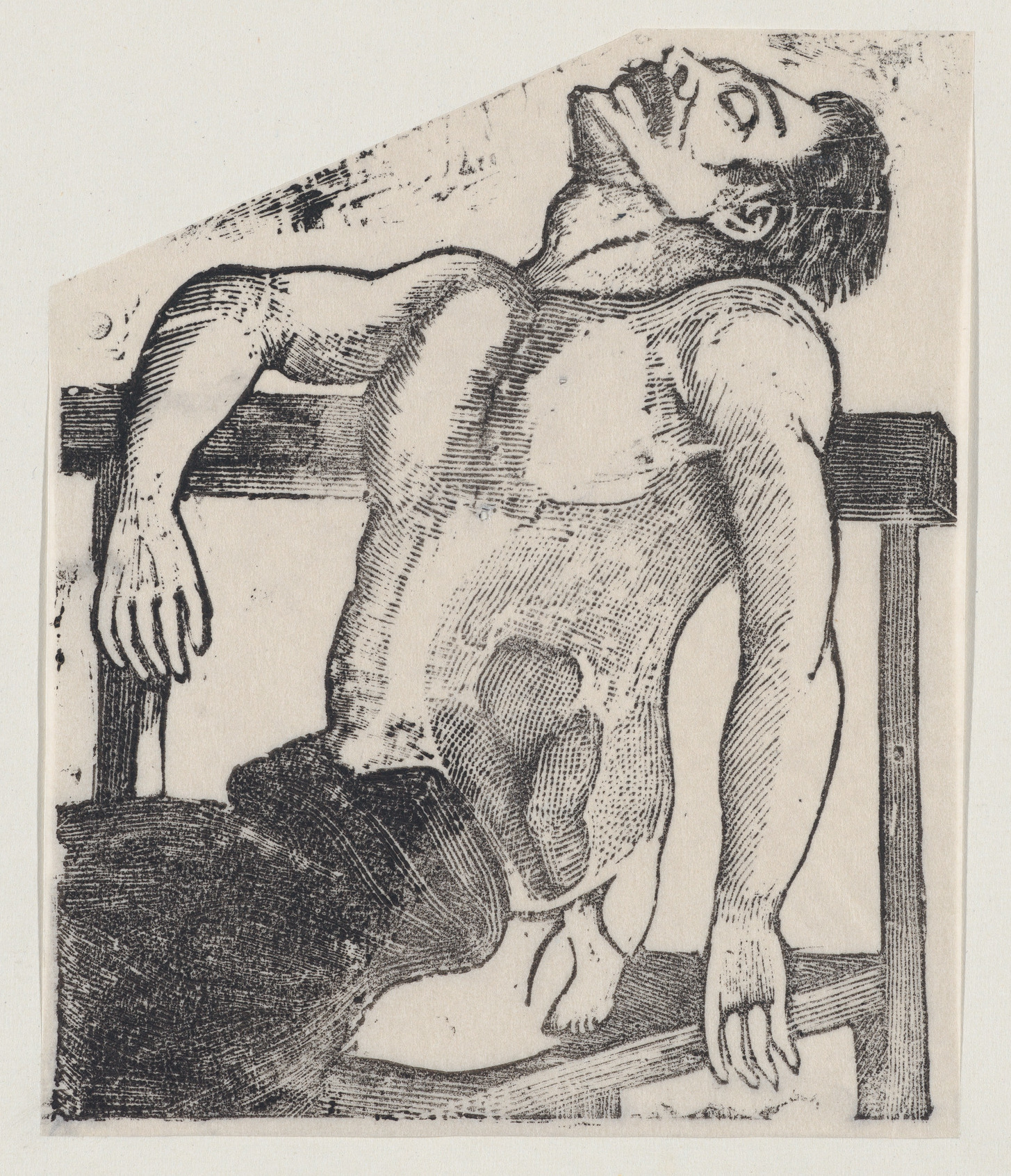 Seated Nude Man Woodcut