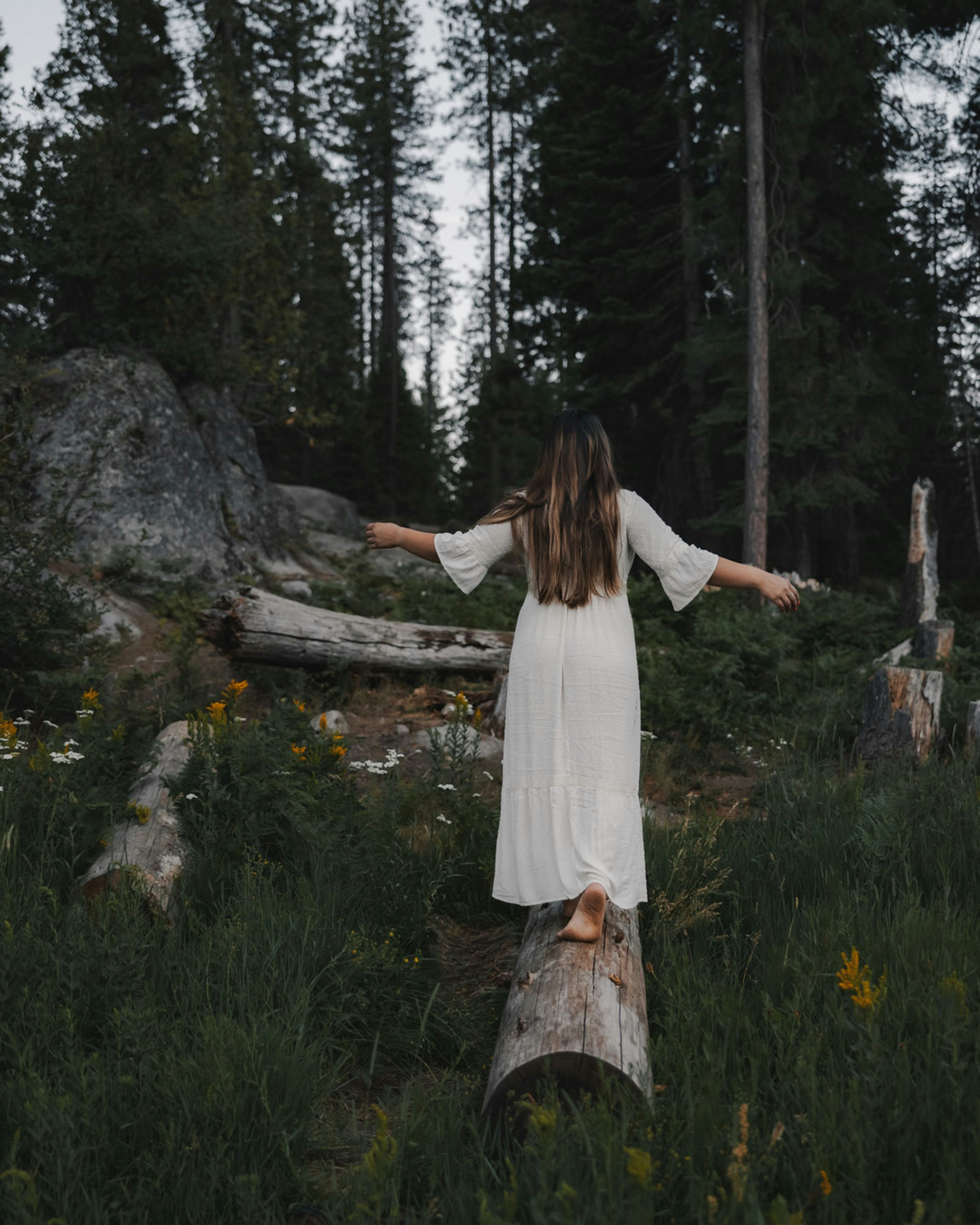 Woman Balancing on Log in Forest
