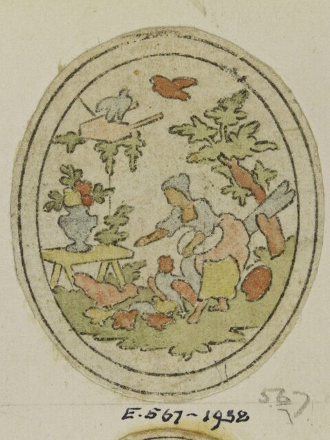 Hand-colored Oval Rural Garden Scene