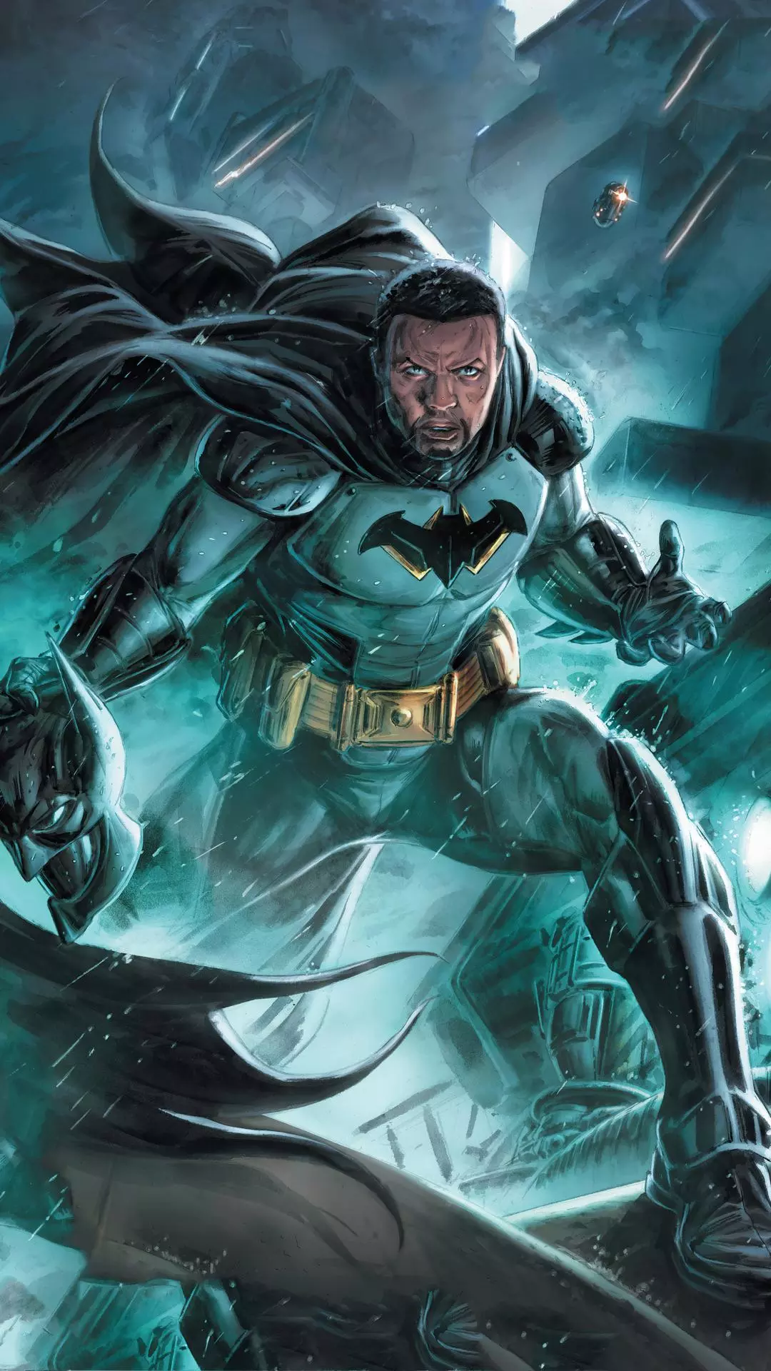 Unmasked Batman in Rainy Ruins