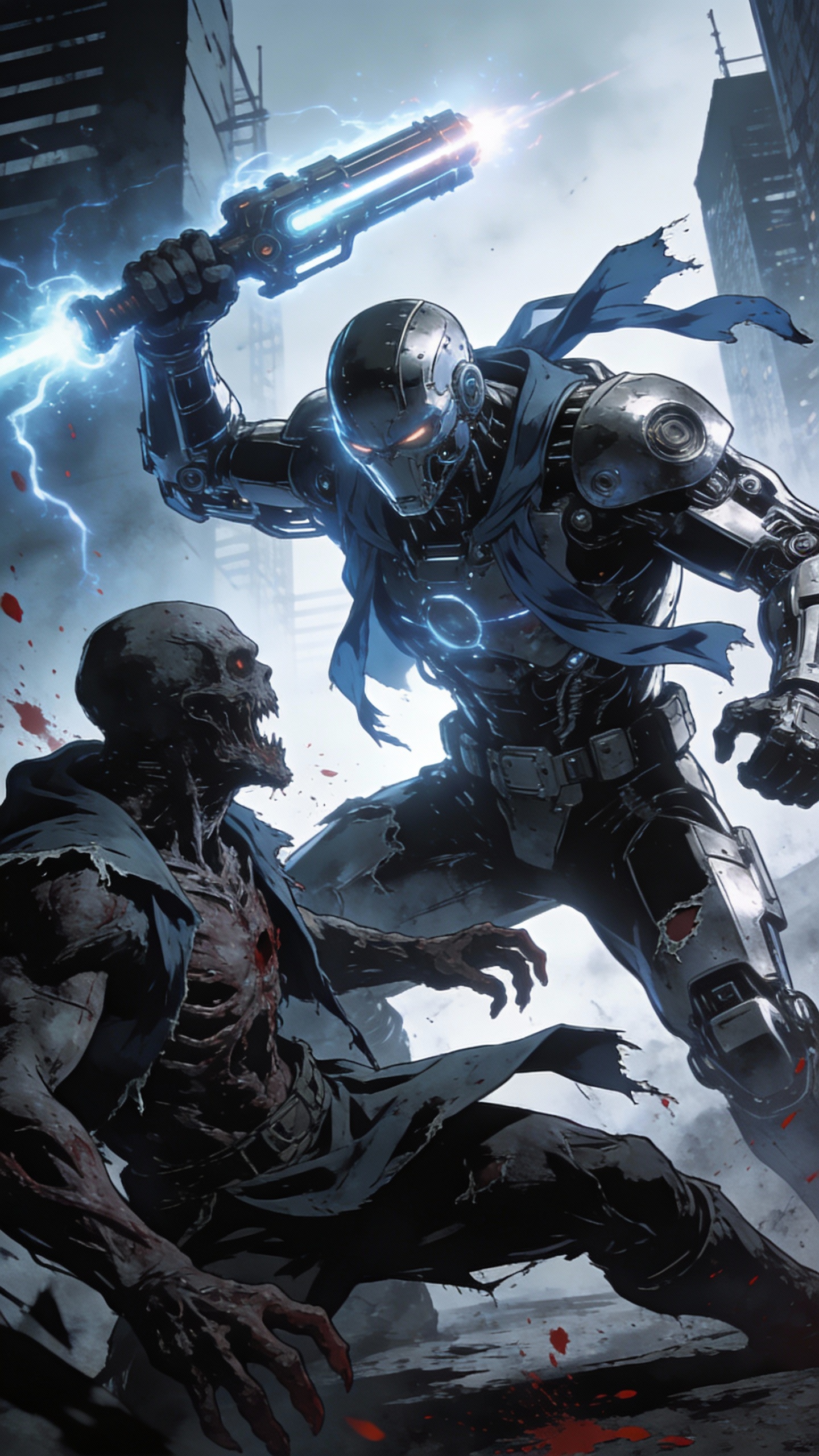 Cyborg Attacking Zombie in Ruined City