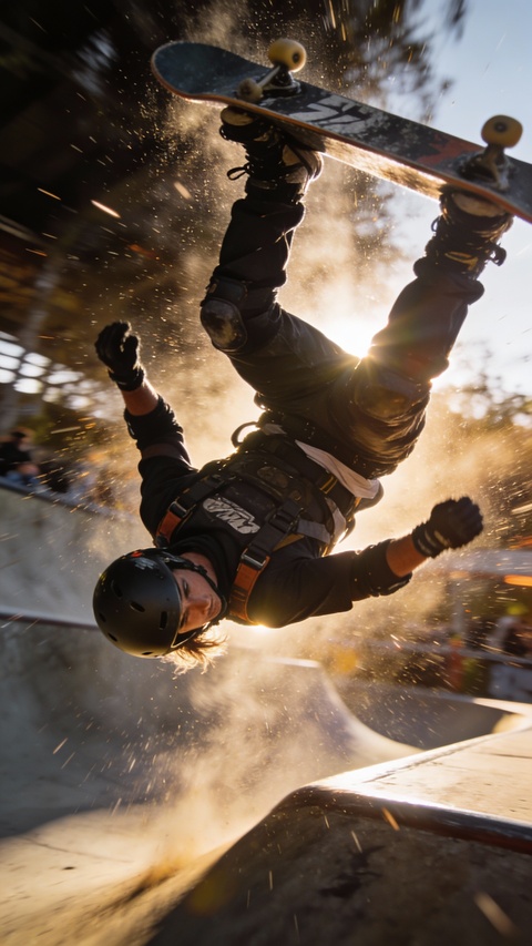 Skateboarder Doing Inverted Trick at Skatepark