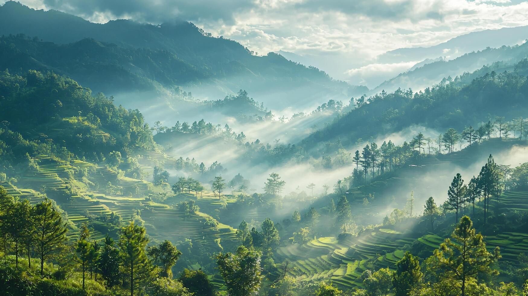 Misty Terraced Mountain Landscape