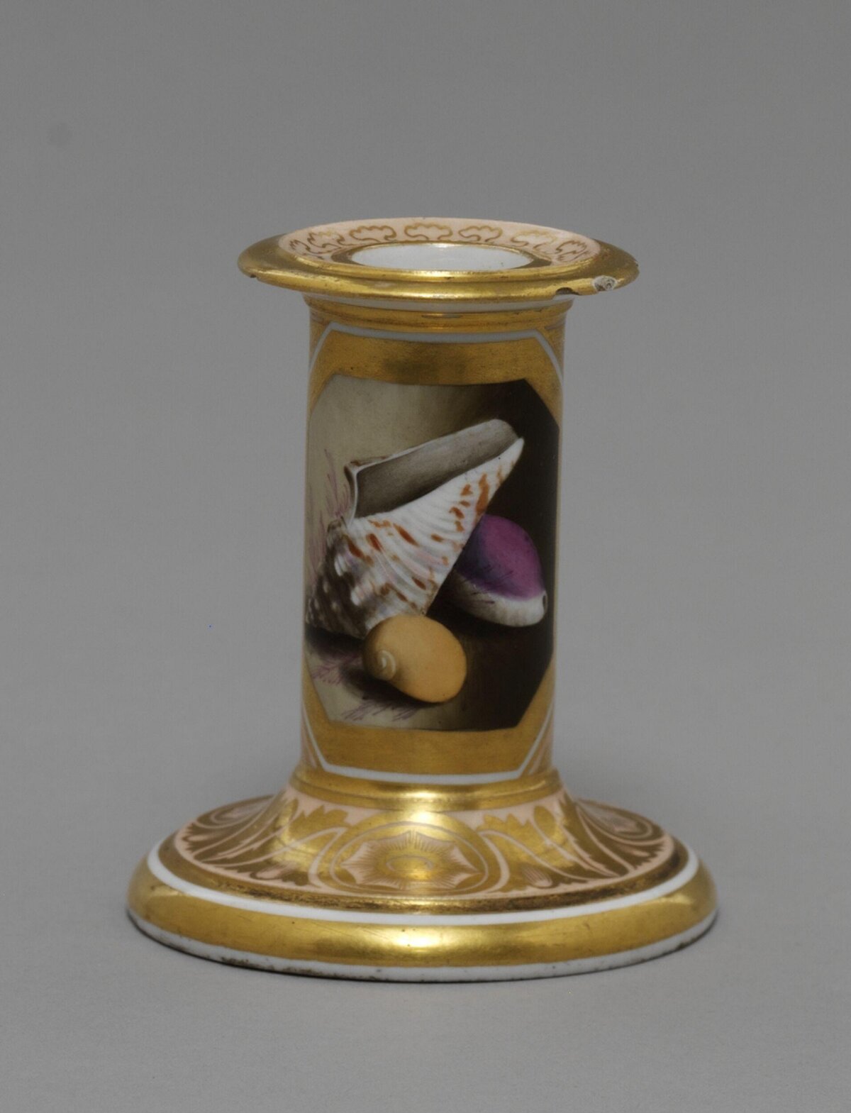 Gilded Porcelain Candlestick with Shell Painting