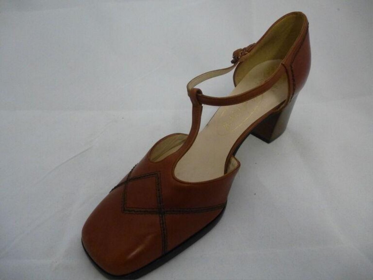 Brown Leather T-Strap High Heel Shoe