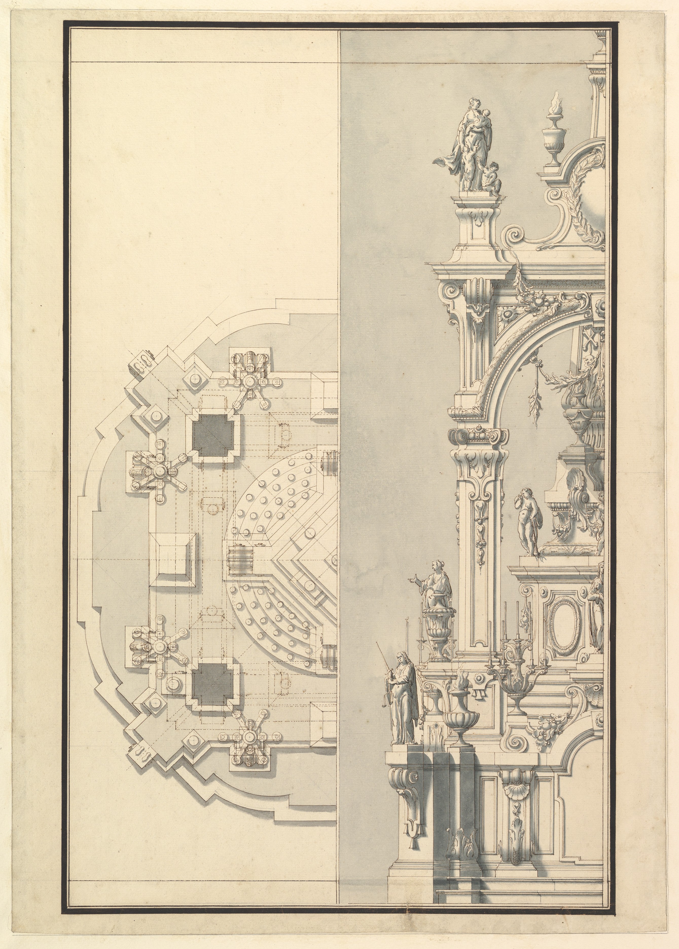Baroque Architectural Plan and Elevation Drawing