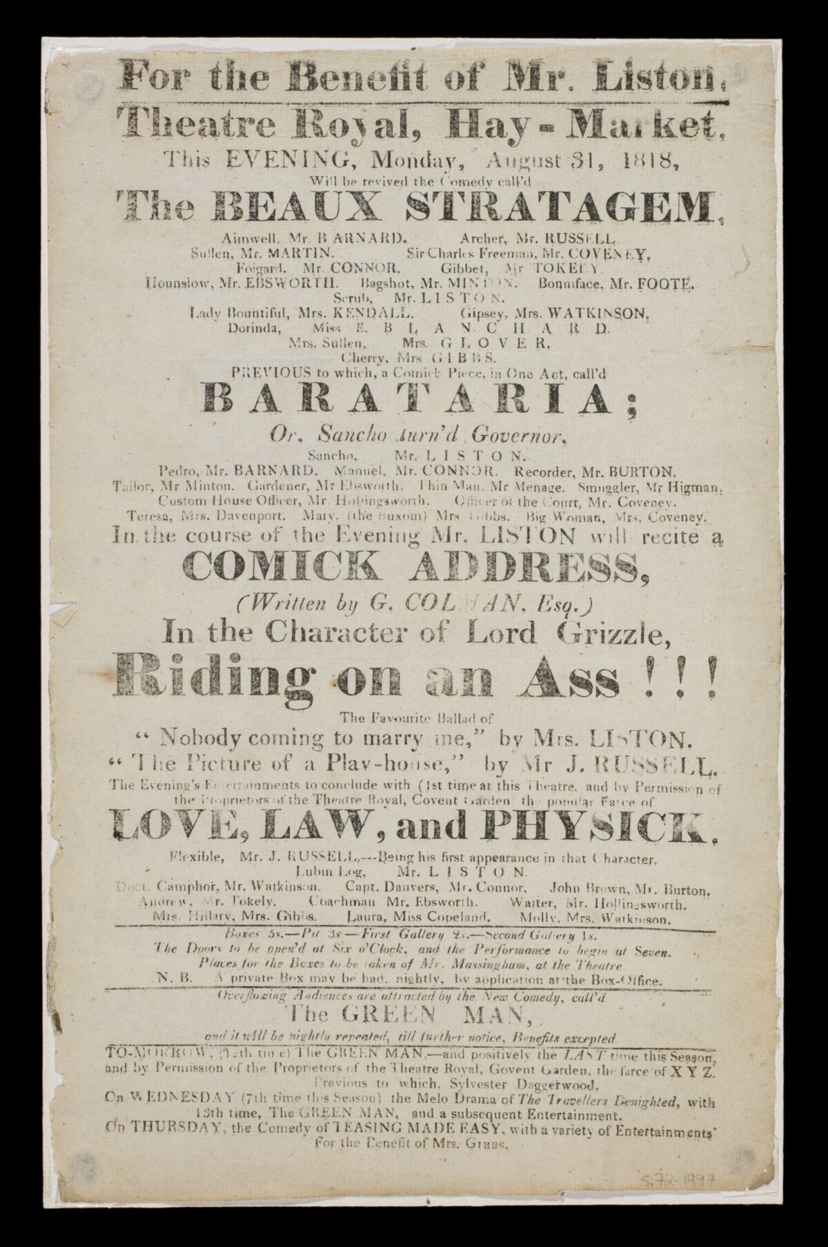 1818 Hay Market Theatre Playbill