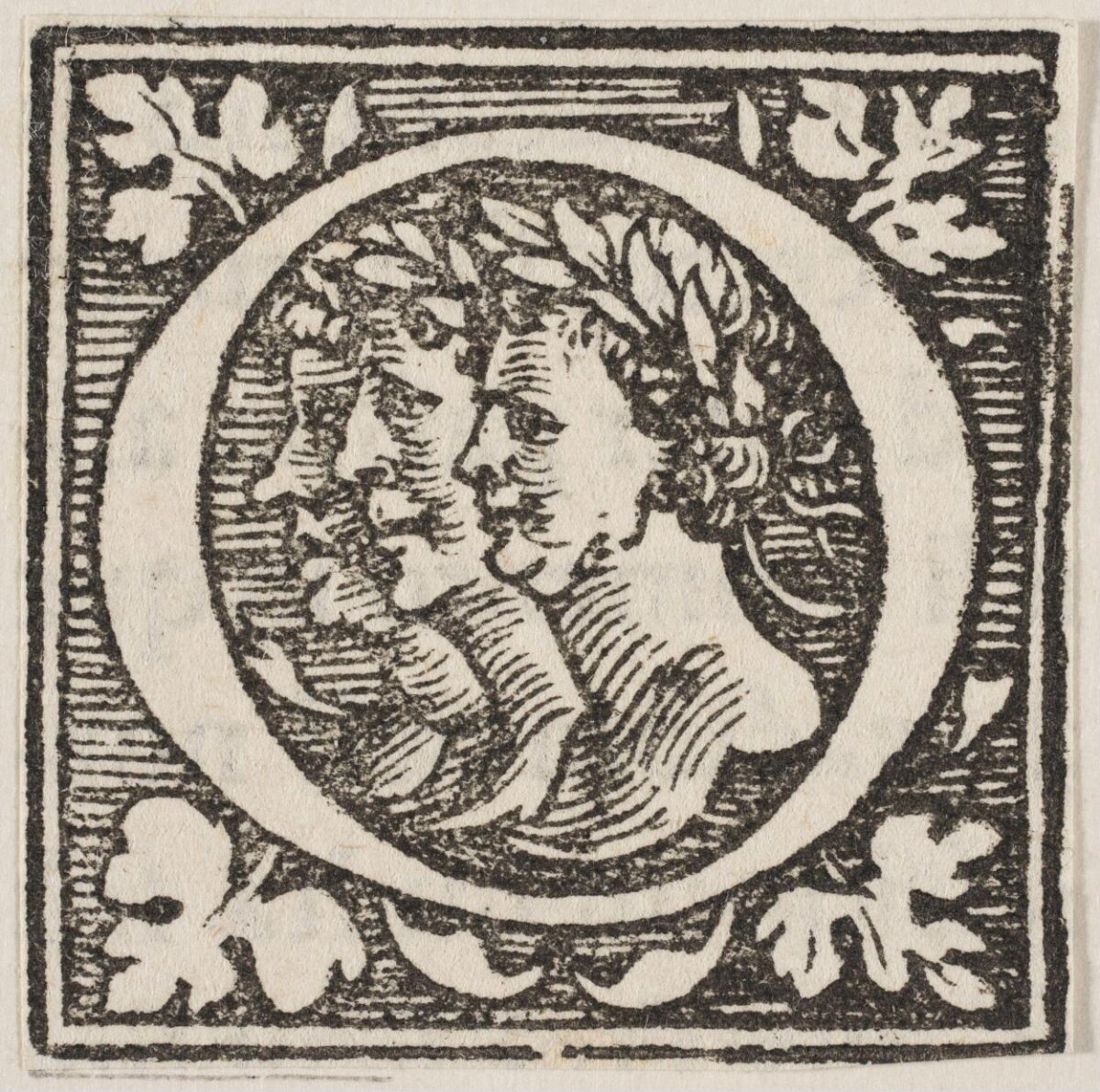 Woodcut of Three Laurel Crowned Heads