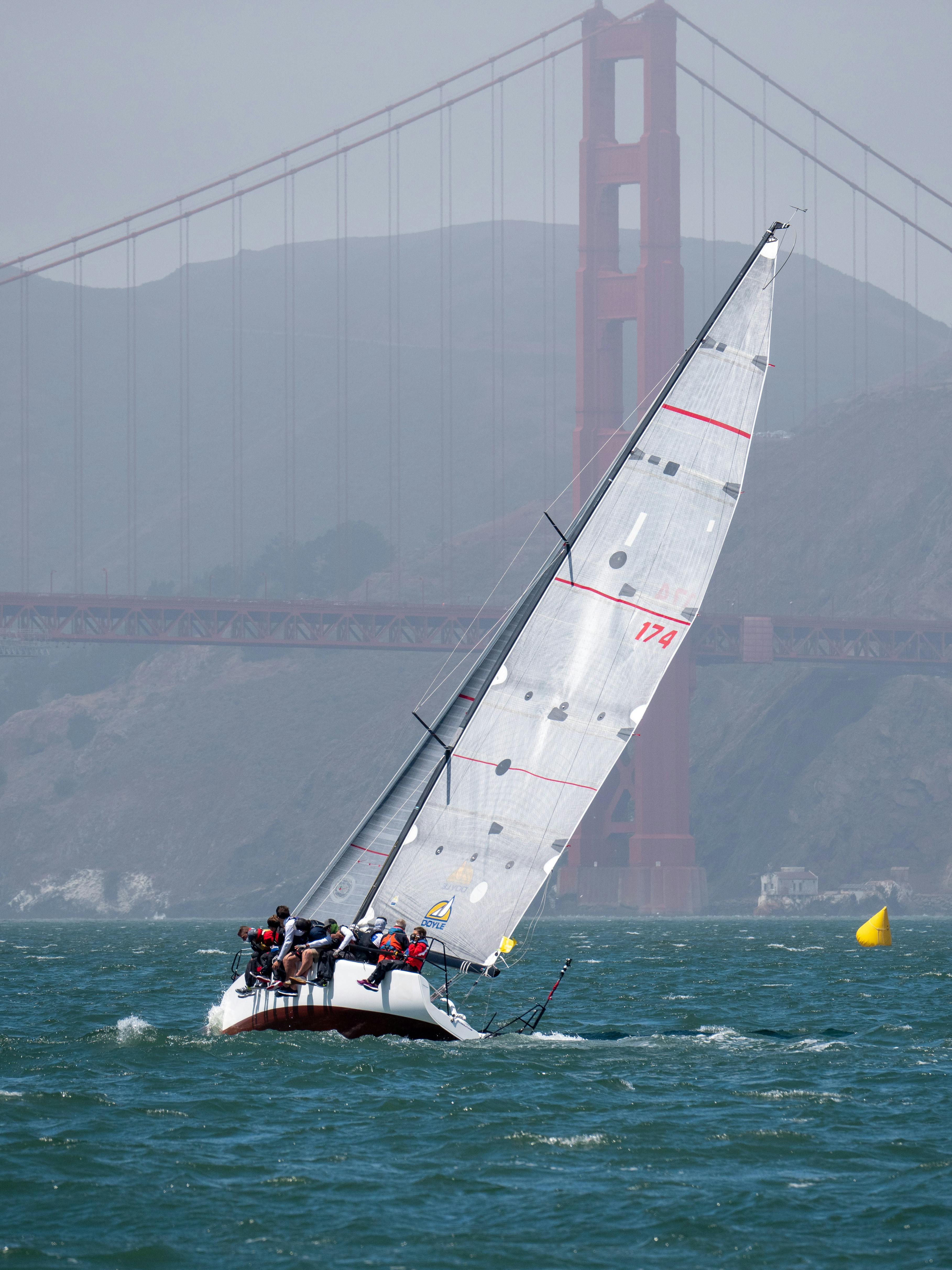 Racing Sailboat Near Golden Gate Bridge