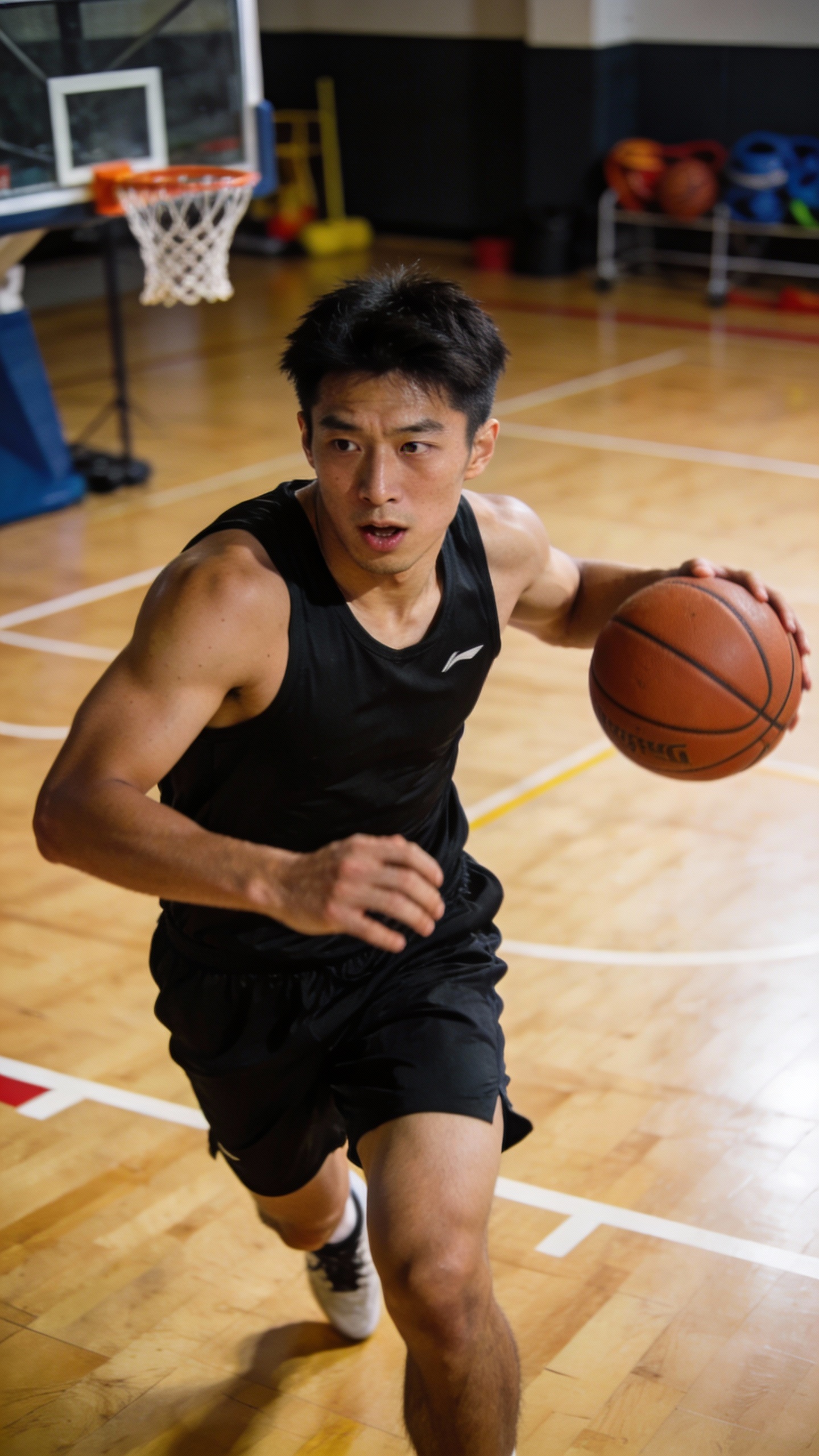 Basketball Player Dribbling on Indoor Court