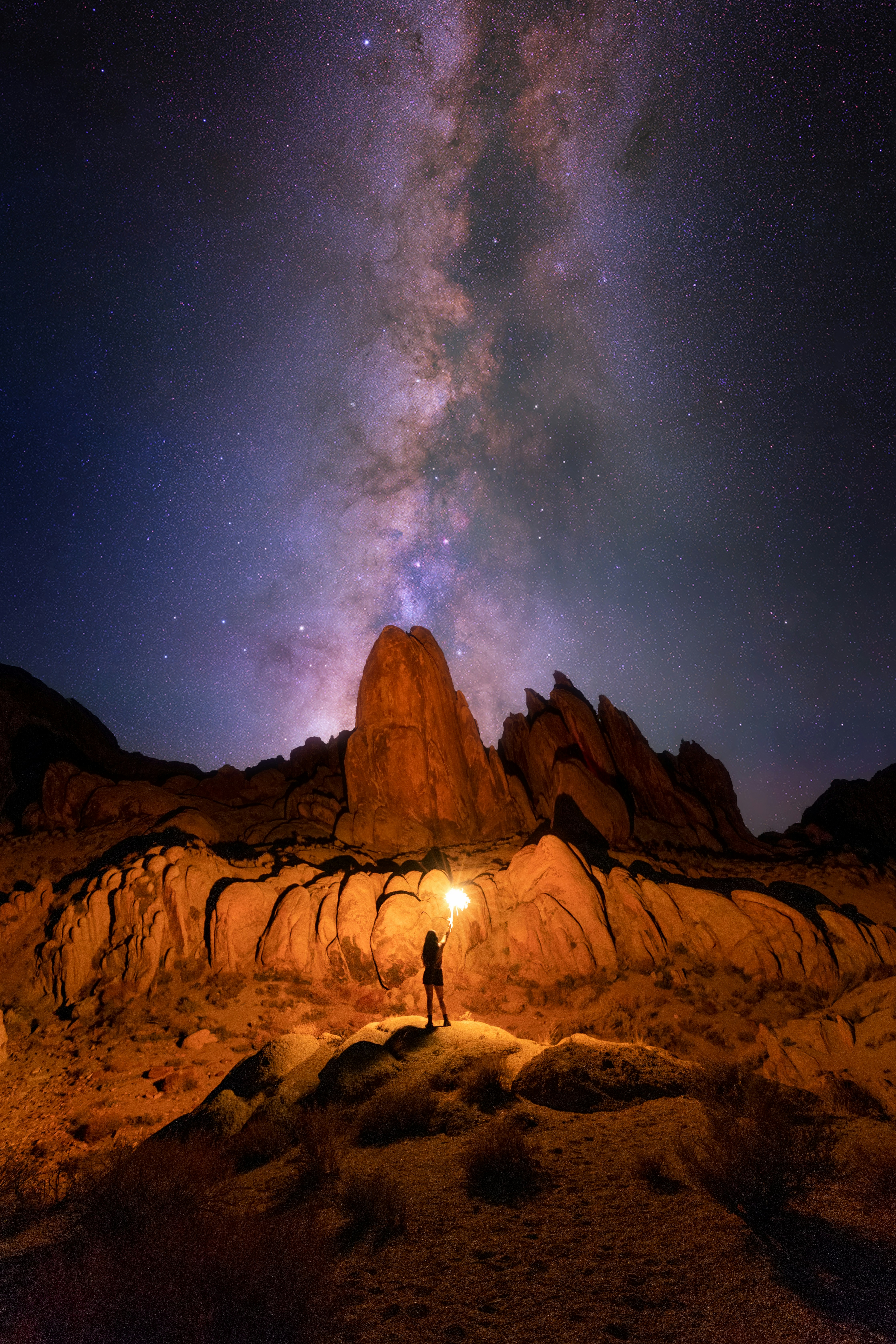 Person Holding Torch Under Milky Way