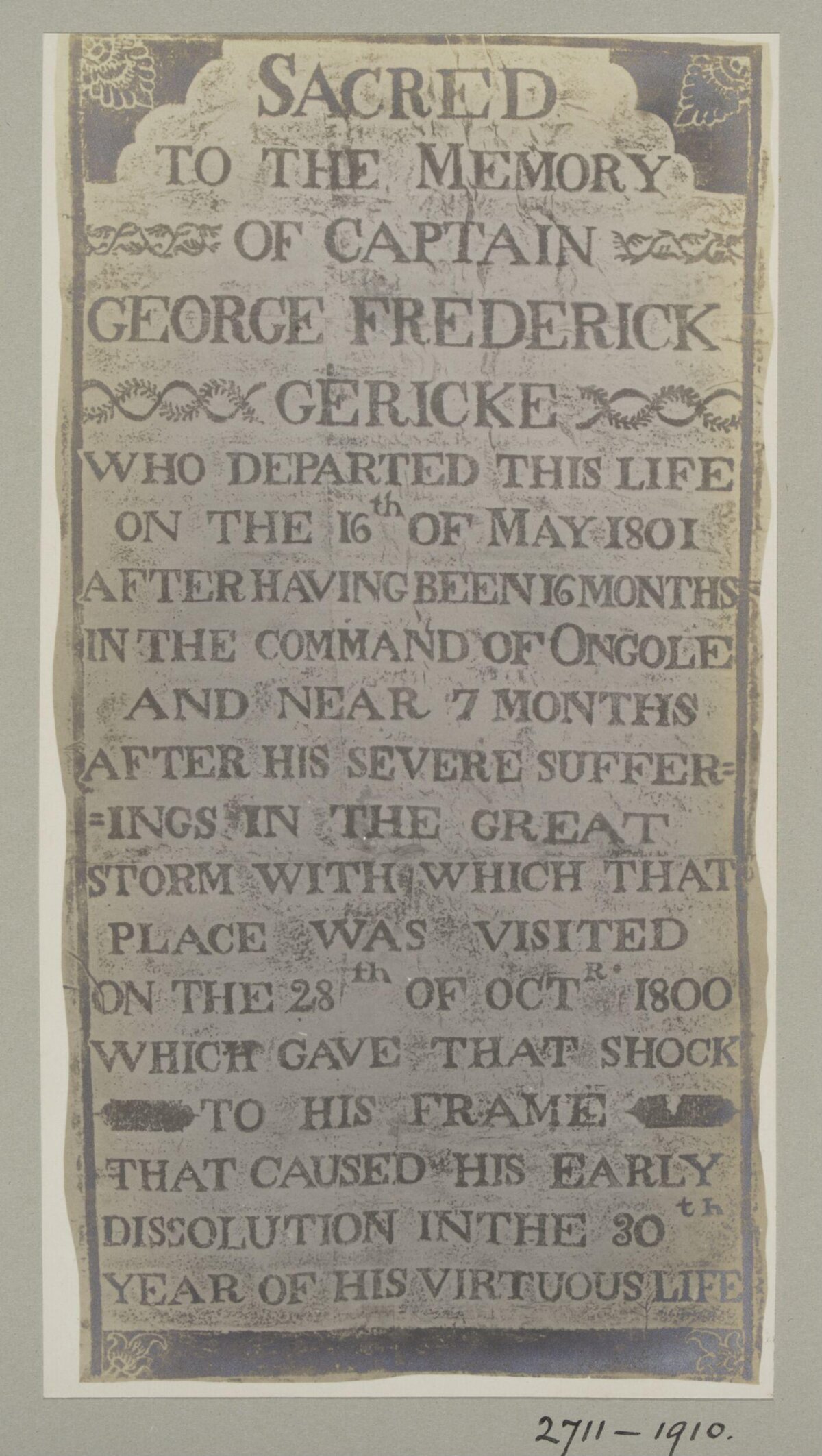 1801 Memorial Epitaph for Captain Gericke