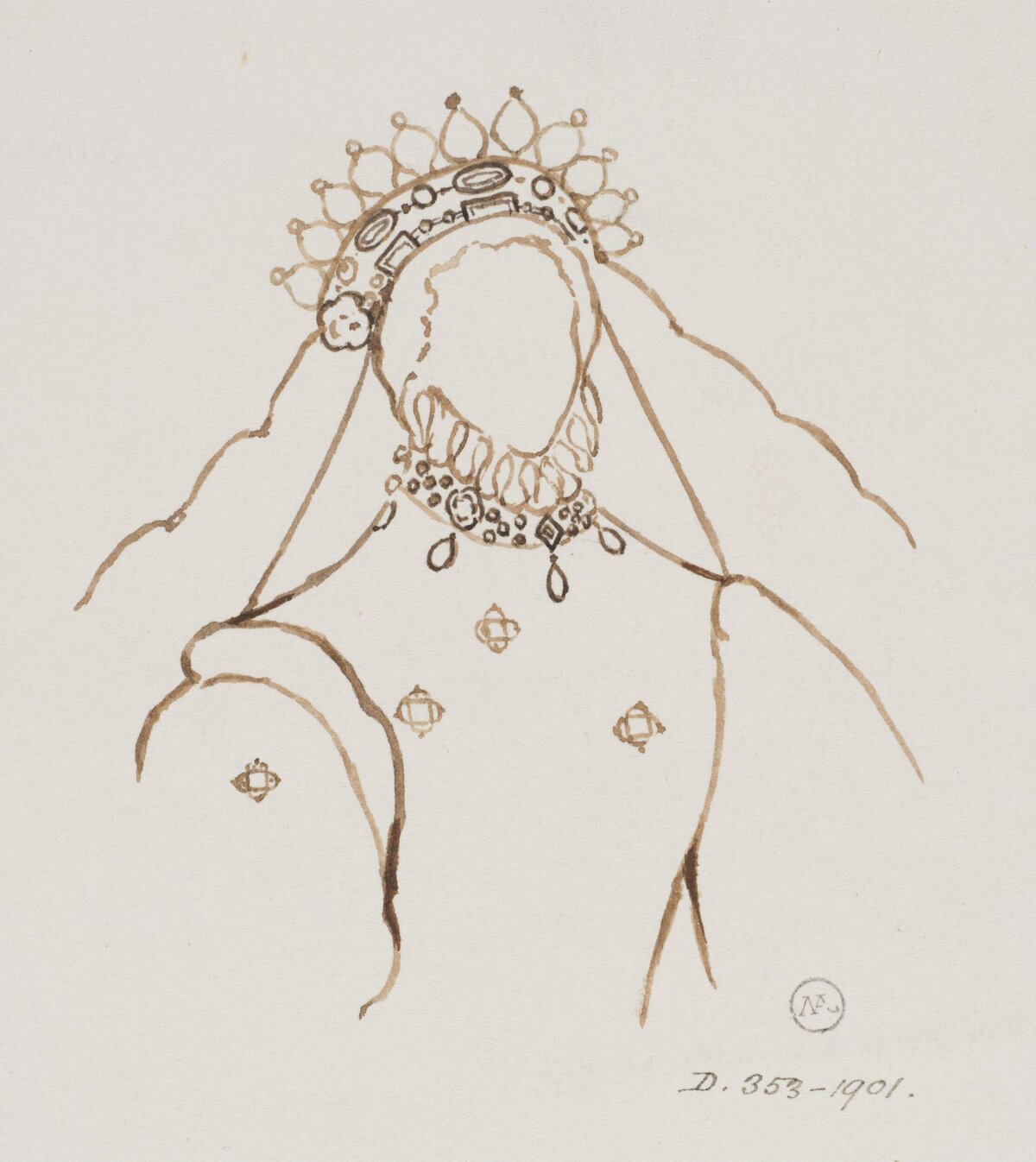 Ink Sketch of Historical Headdress and Jewelry