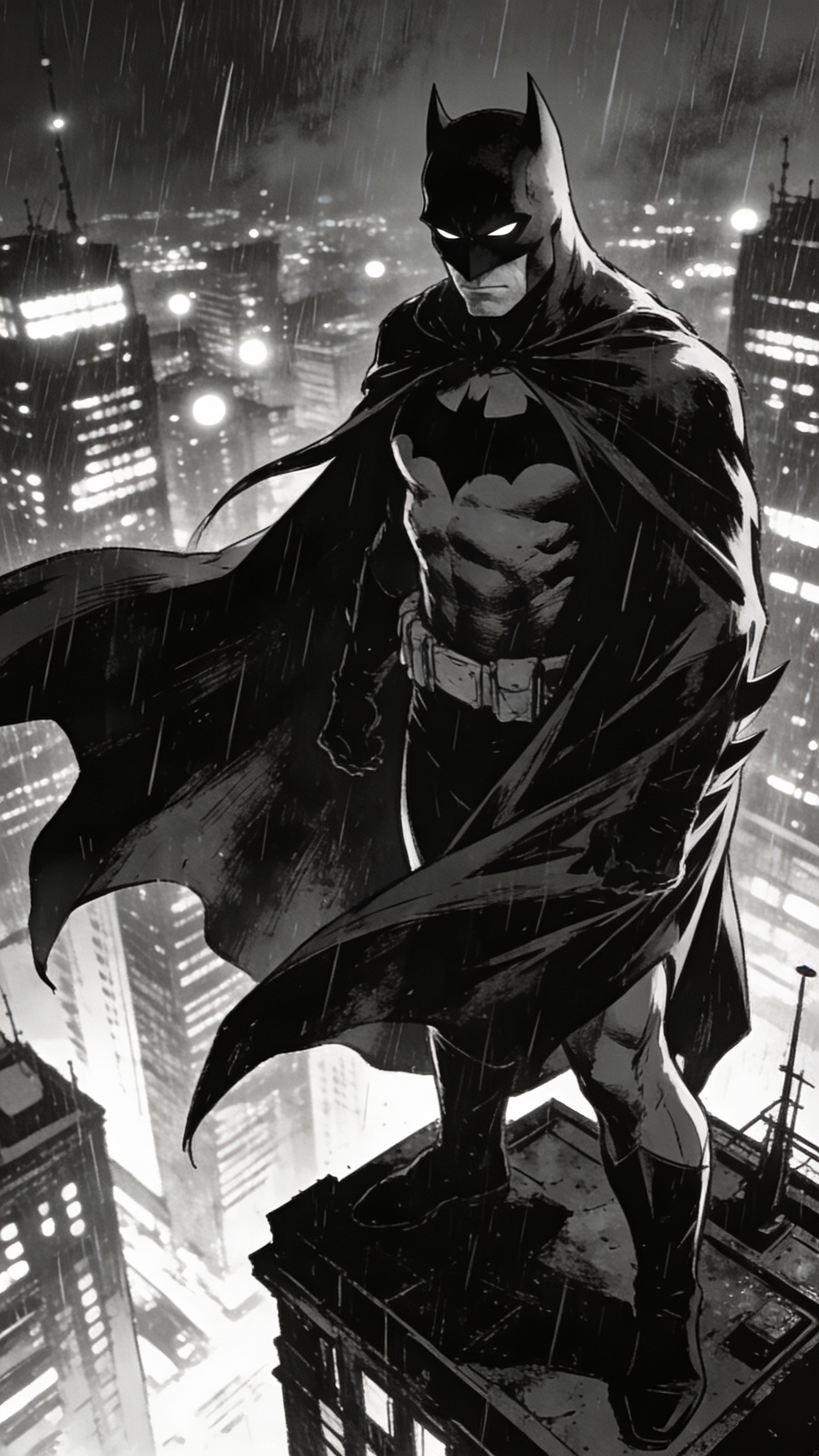 Batman on Gotham Rooftop at Night