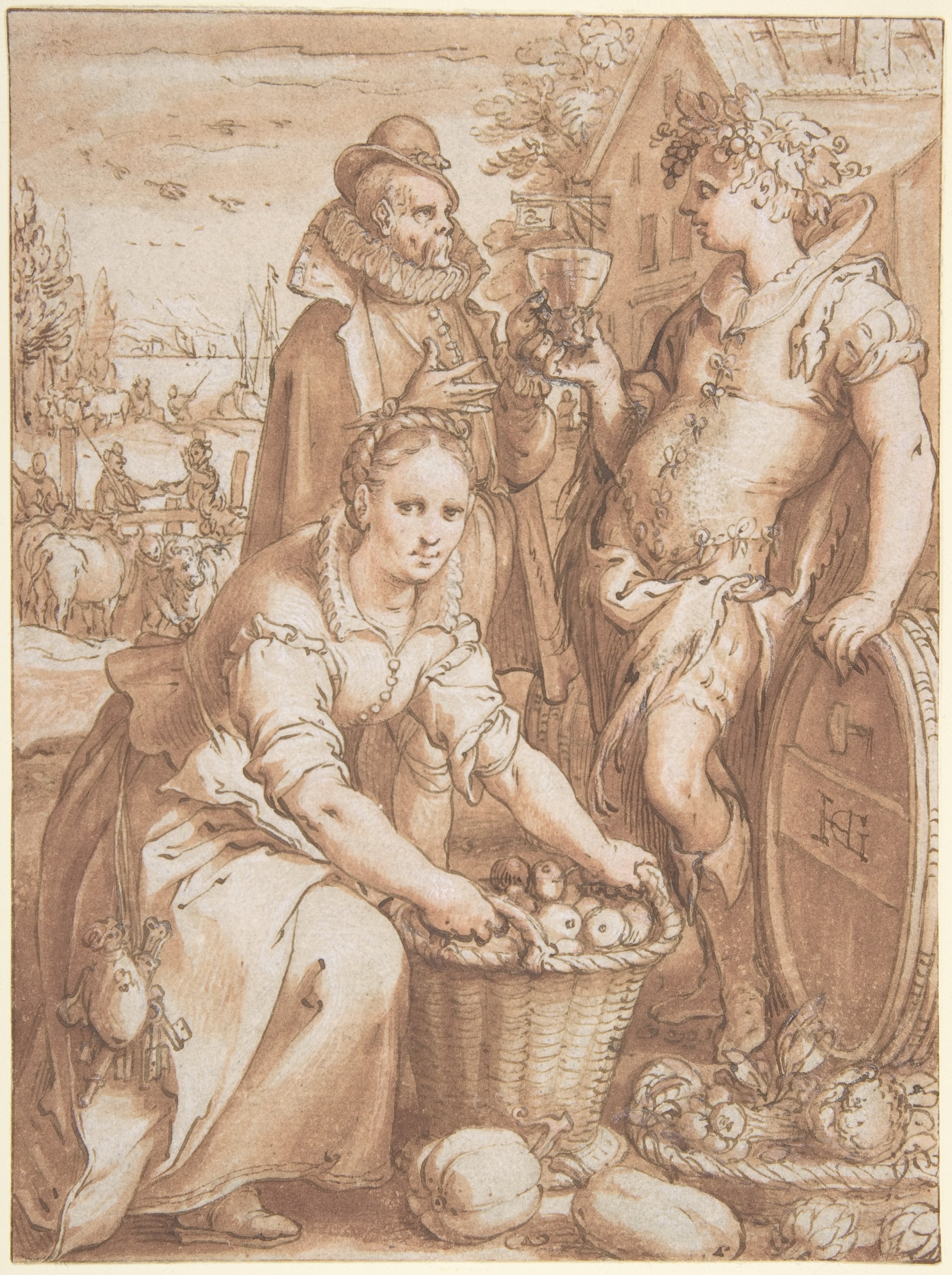 Renaissance Fruit and Wine Drawing