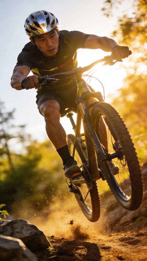 Mountain Biker Riding Dirt Trail