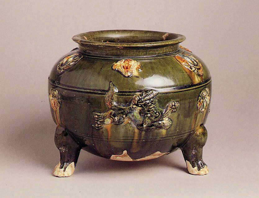 Green Glazed Three-legged Relief Ceramic Jar