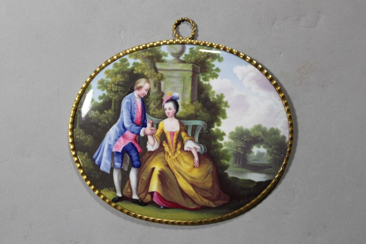 Oval Enamel Plaque with Courting Couple