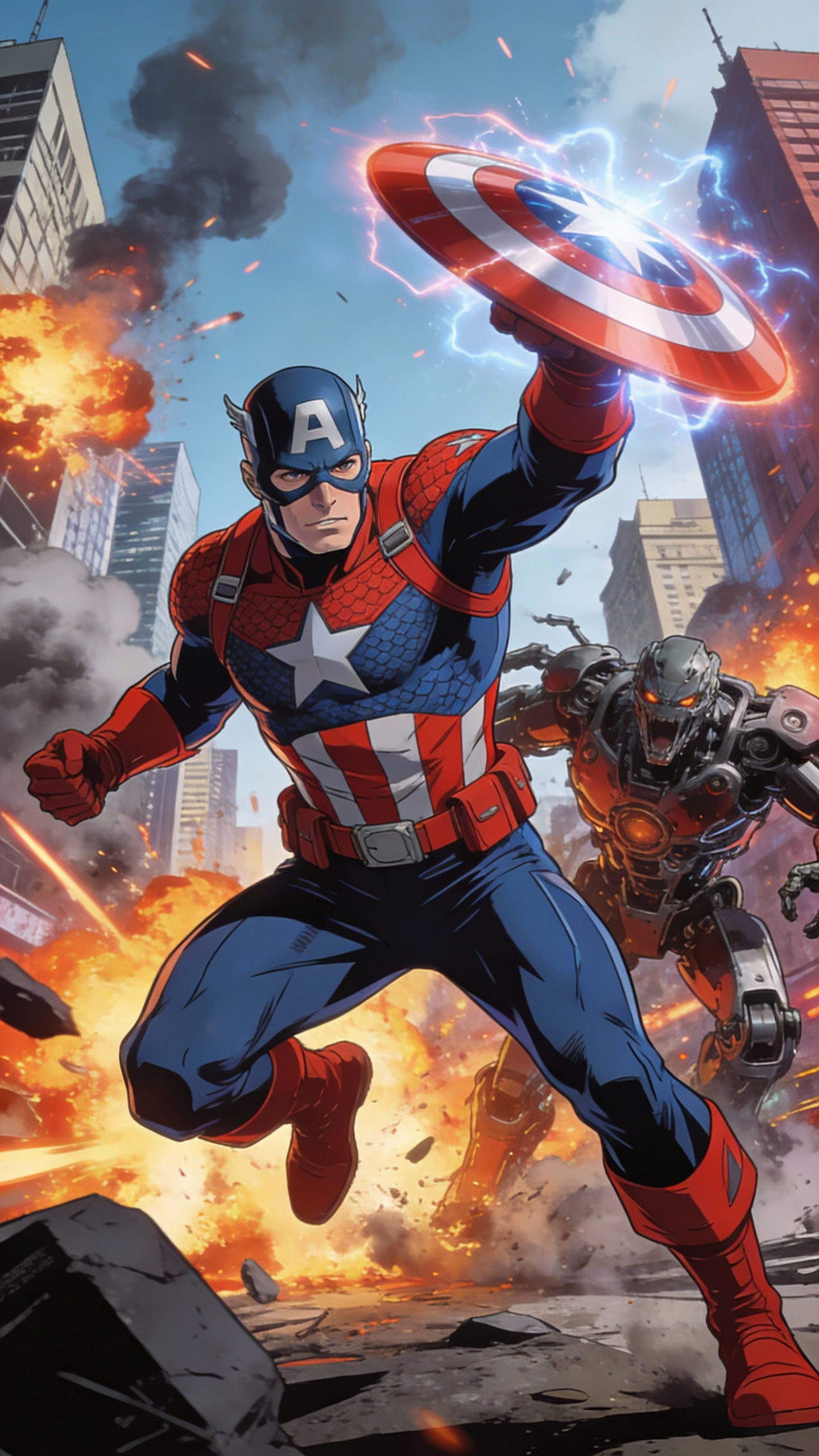 Captain America Fights Robot in Destroyed City