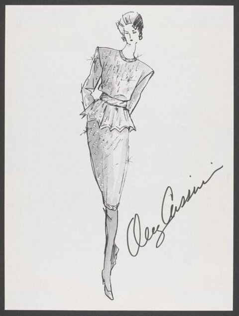 Signed Fashion Dress Sketch by Oleg Cassini