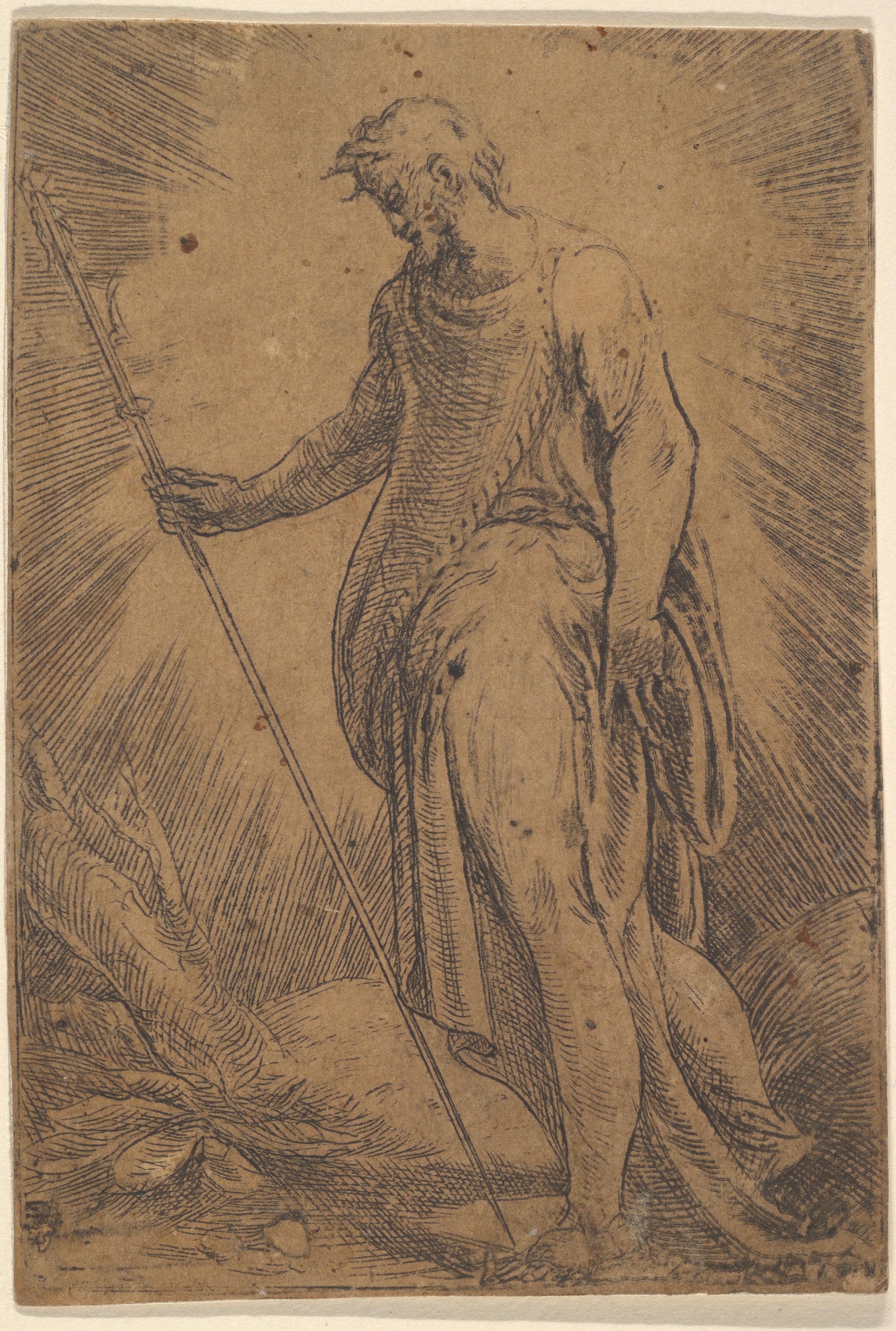 Pen Sketch of Standing Man with Staff