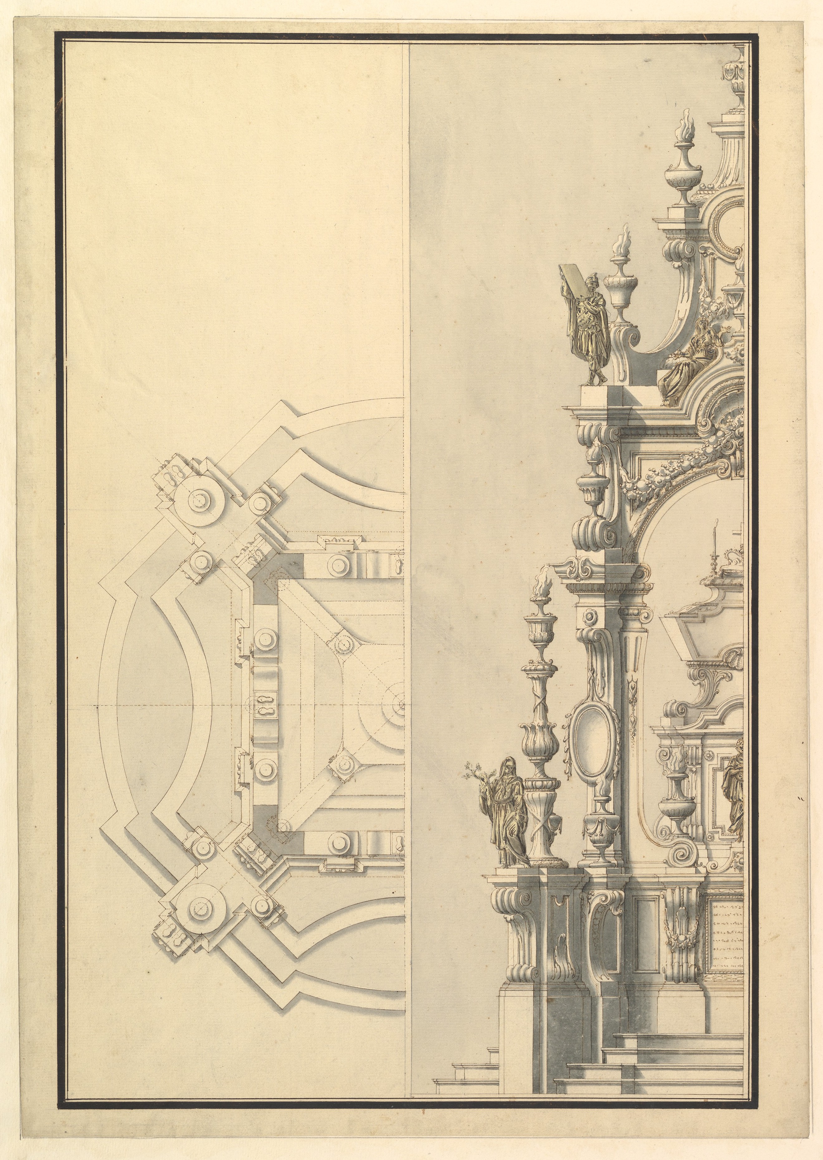 Baroque Architectural Plan and Elevation Drawing