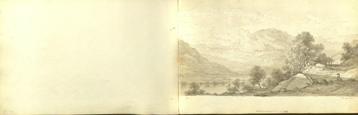 Vintage Mountain Lake Landscape Sketch