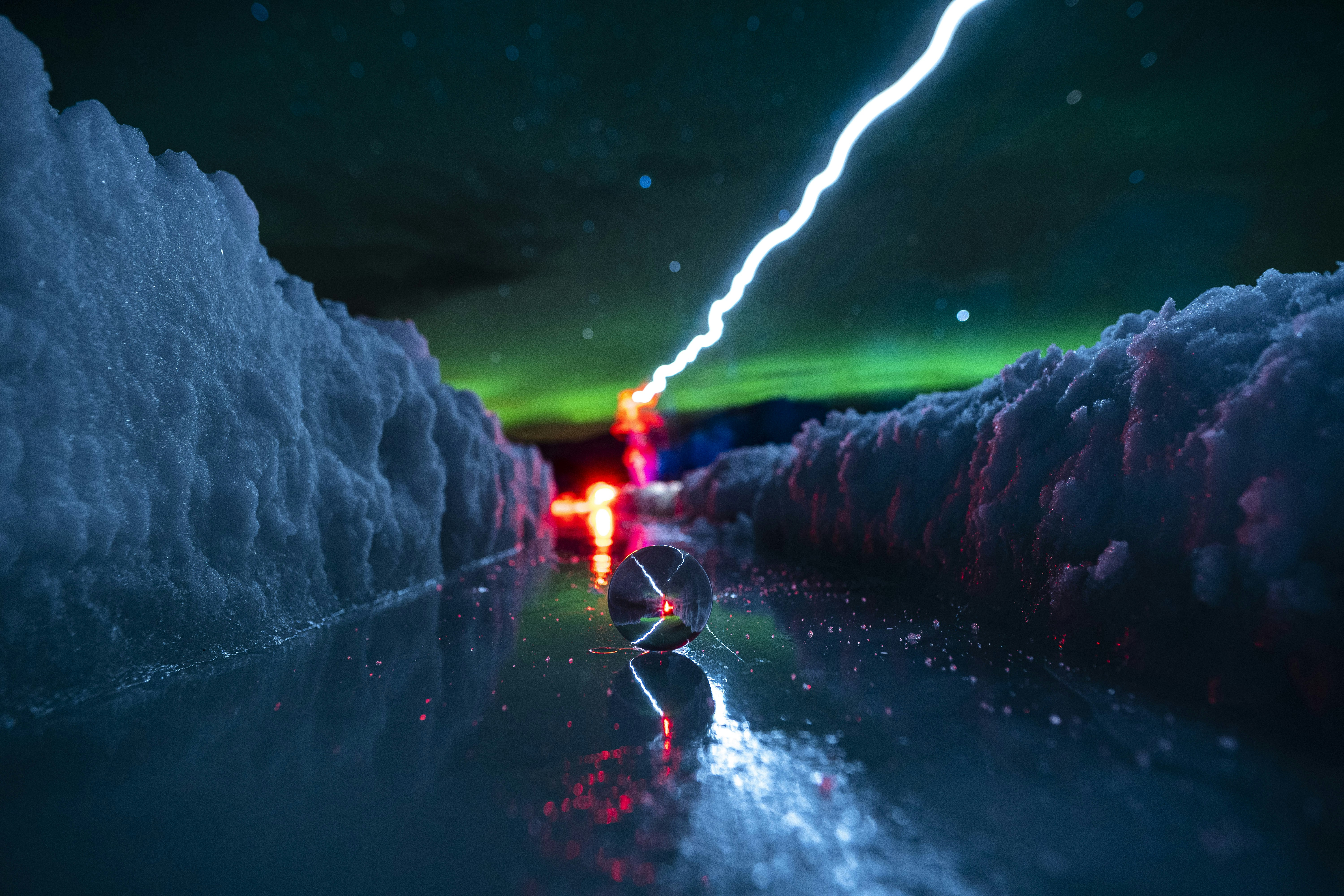 Aurora Night Ice Path with Light Trail