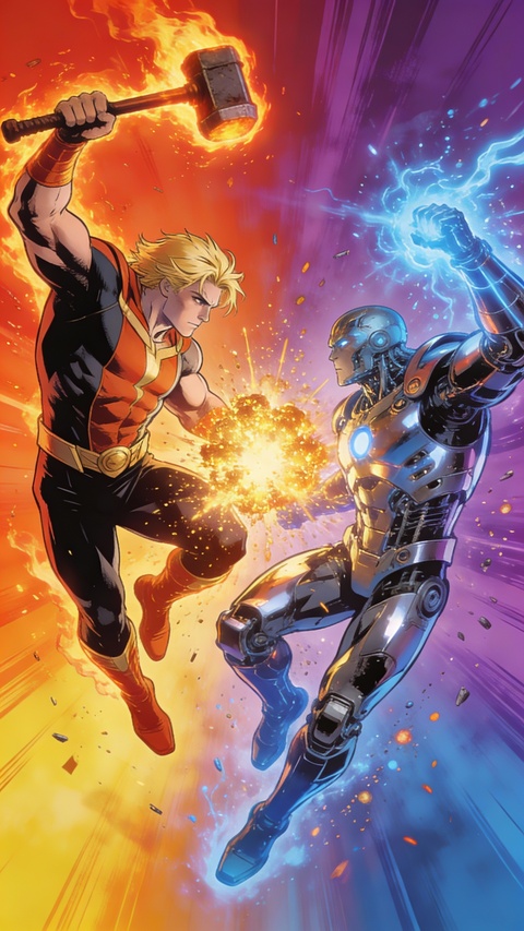 Flaming Warrior Clashes With Cyborg