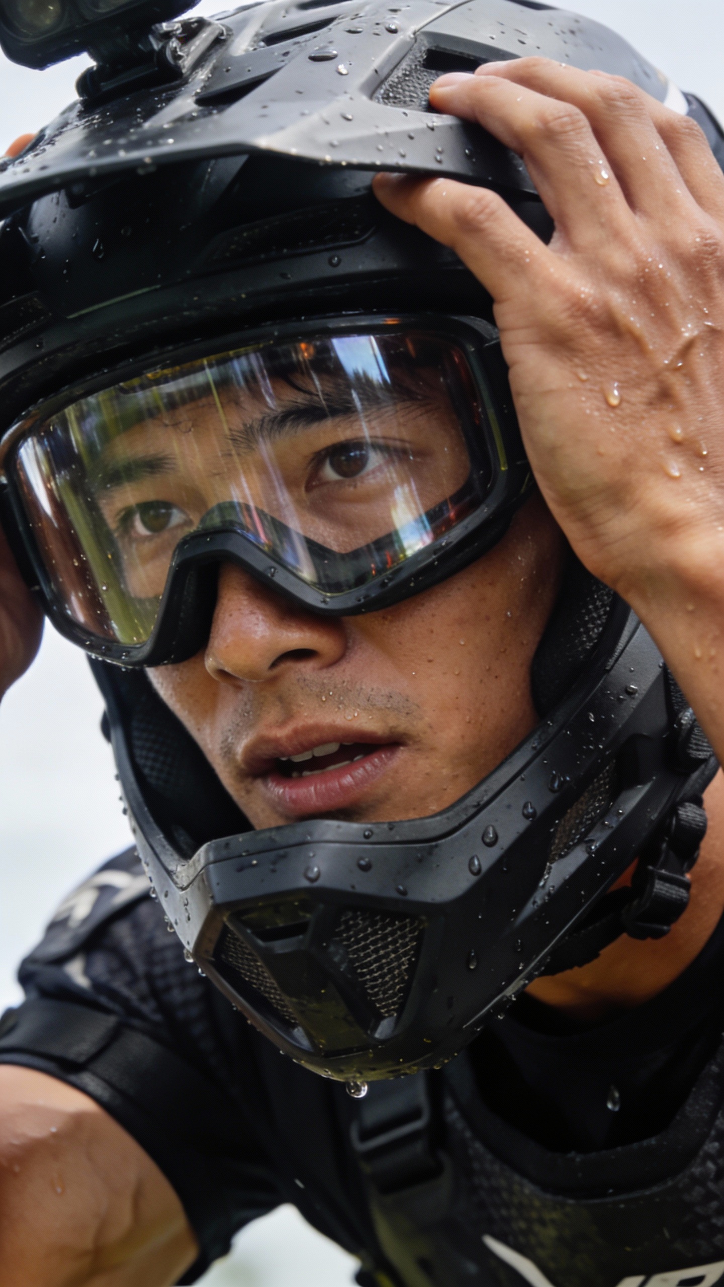 Man Adjusting Wet Motorcycle Helmet