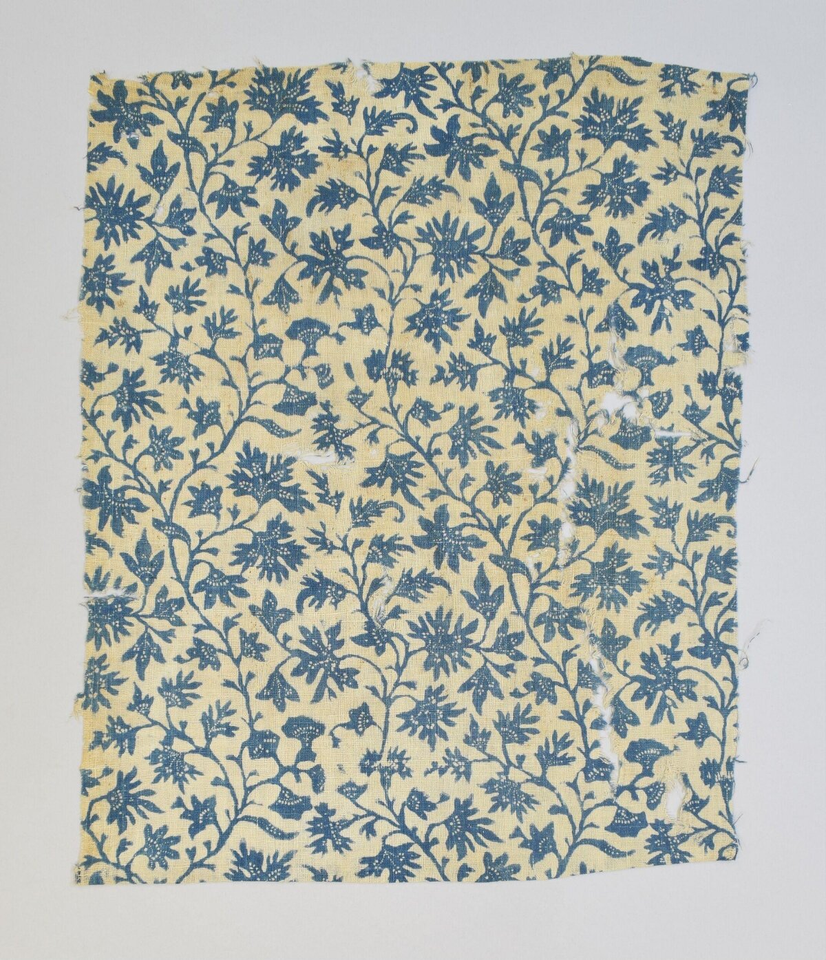 Antique Blue Floral Textile Fragment