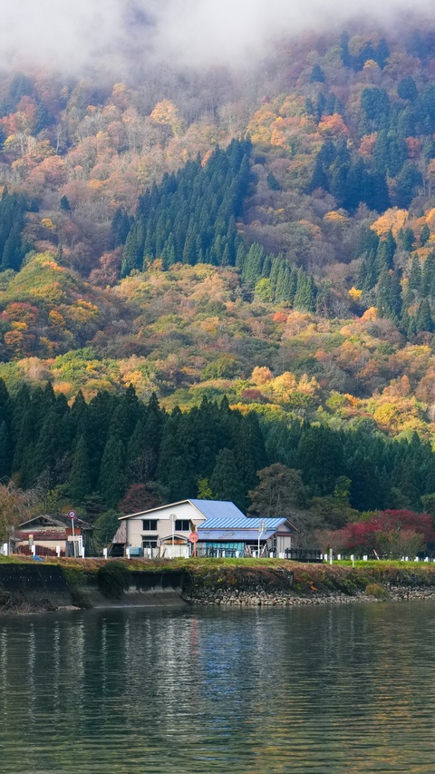 Riverside Houses by Autumn Mountain