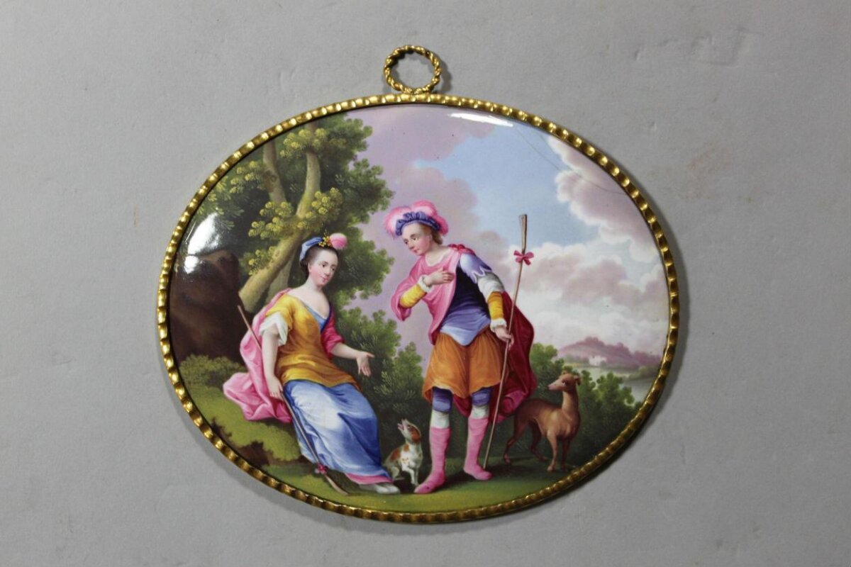 Oval Enamel Plaque with Pastoral Couple