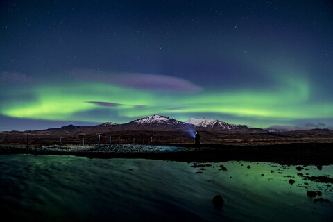 Northern Lights Over Night Mountain Lake