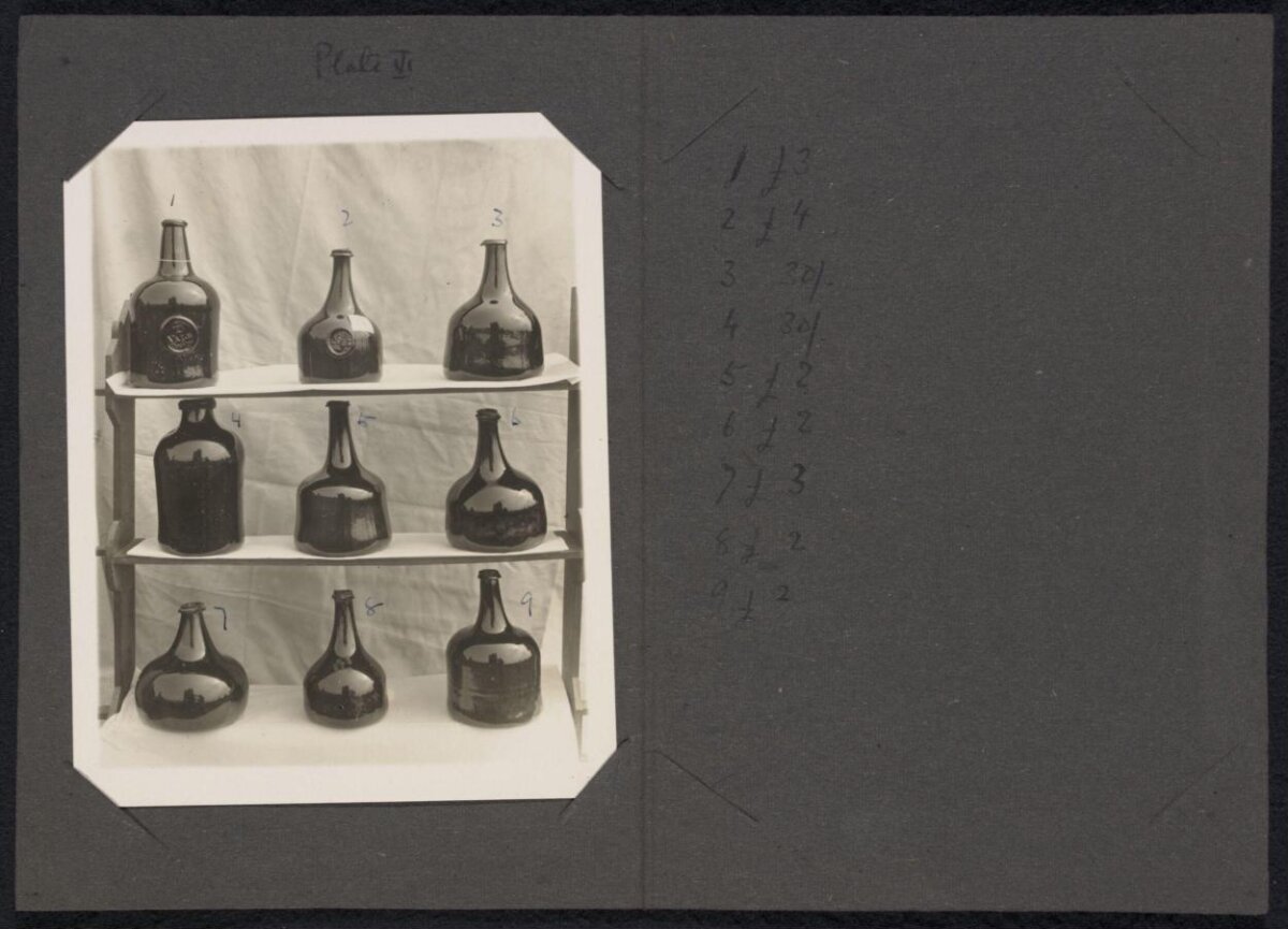 Nine Numbered Vintage Glass Bottles on Shelf