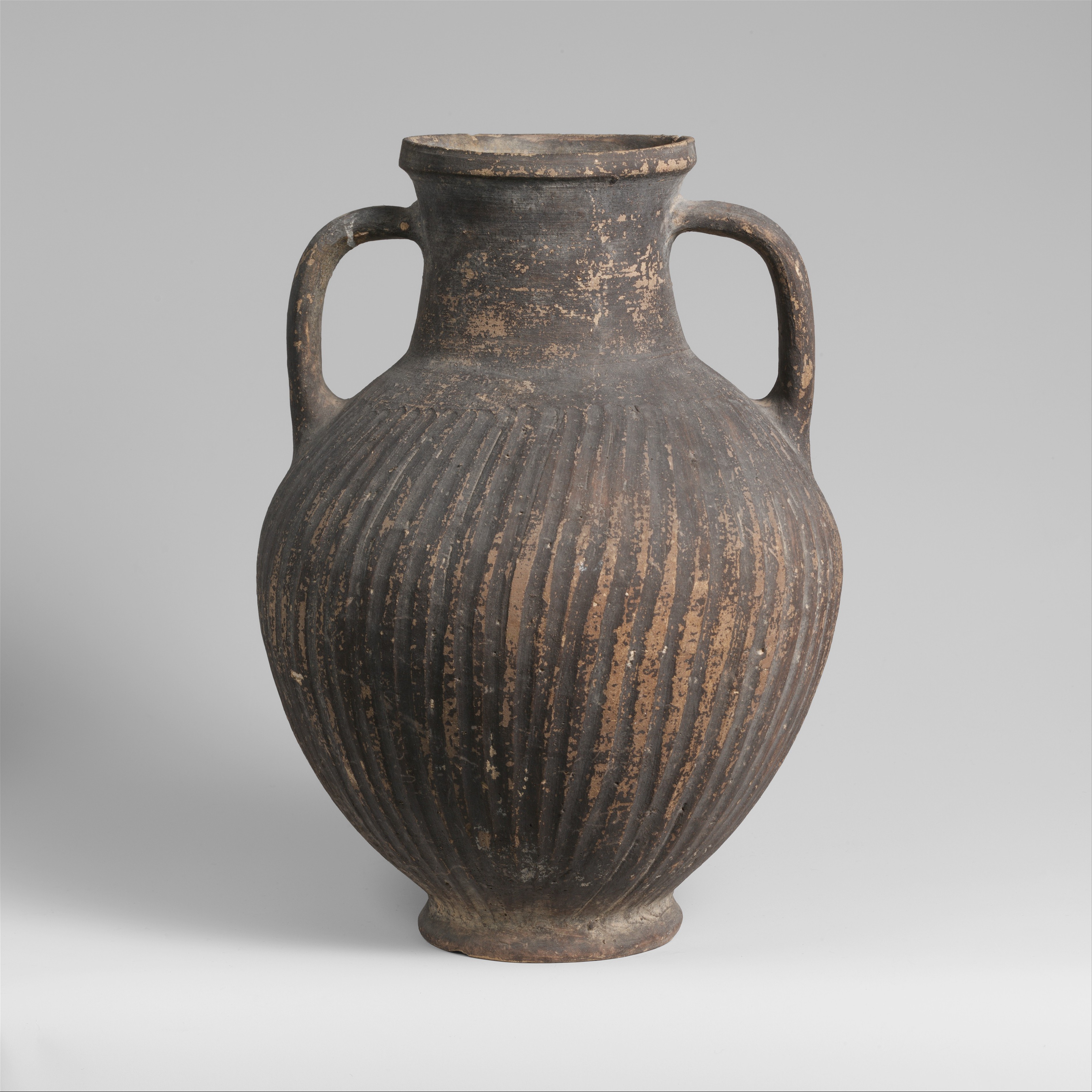 Ancient Black Double-handled Ribbed Pottery Jar