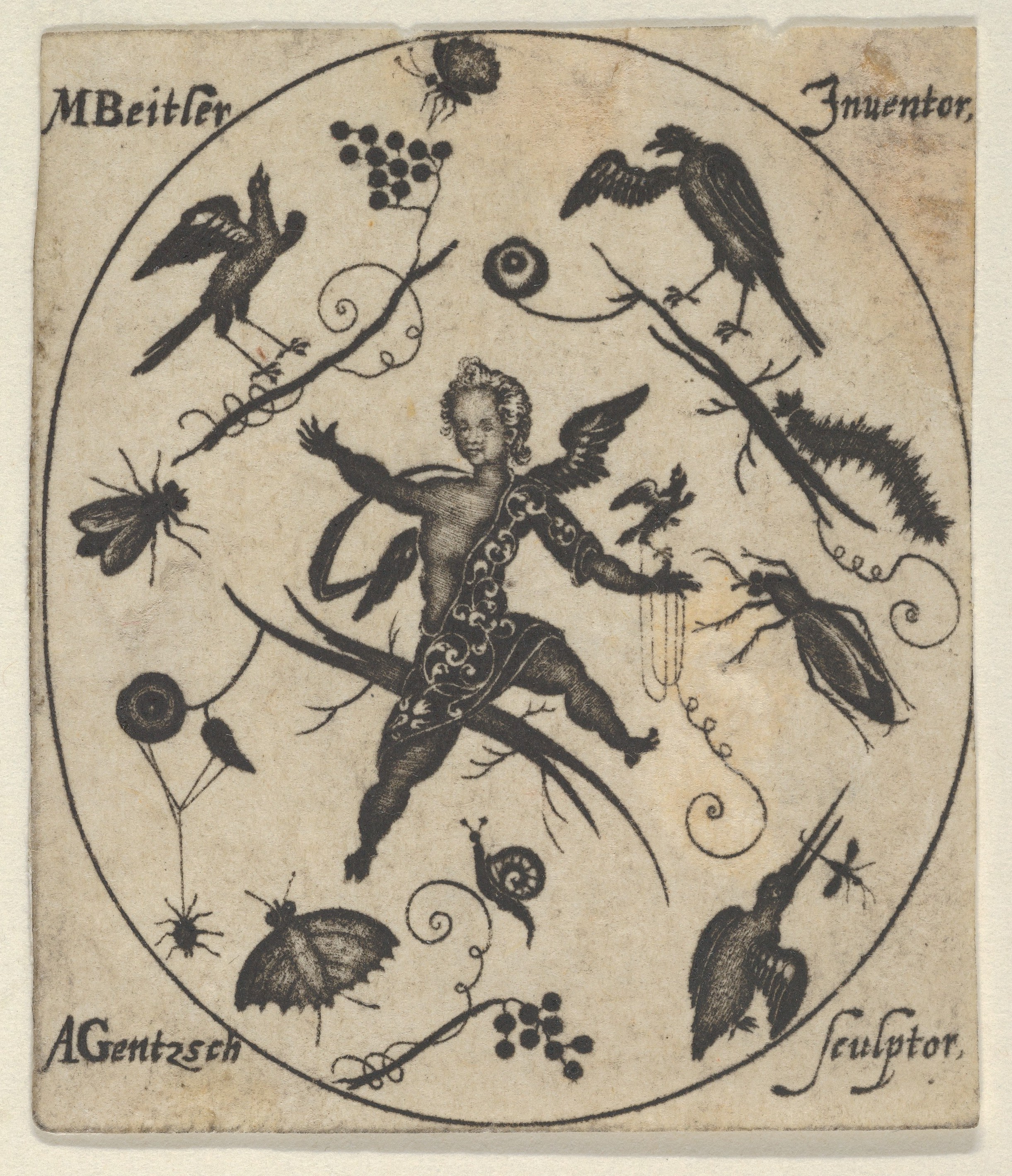 Round Engraving of Winged Figure with Wildlife