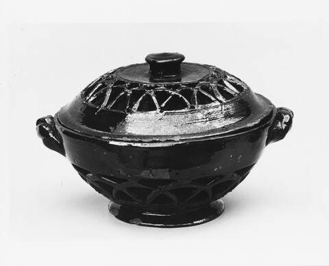 Black Glazed Lidded Openwork Ceramic Pot