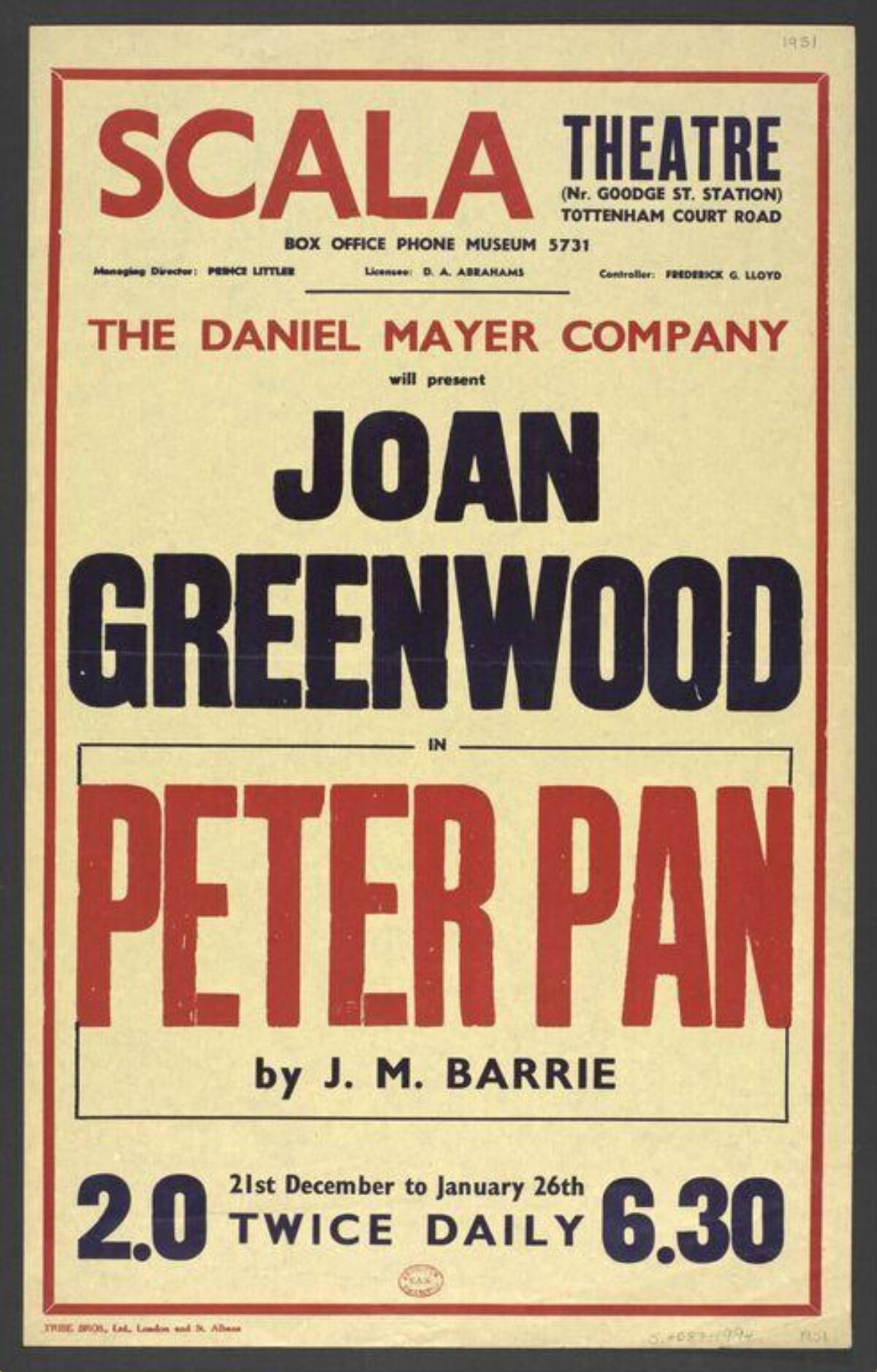 1951 Scala Theatre Peter Pan Play Poster